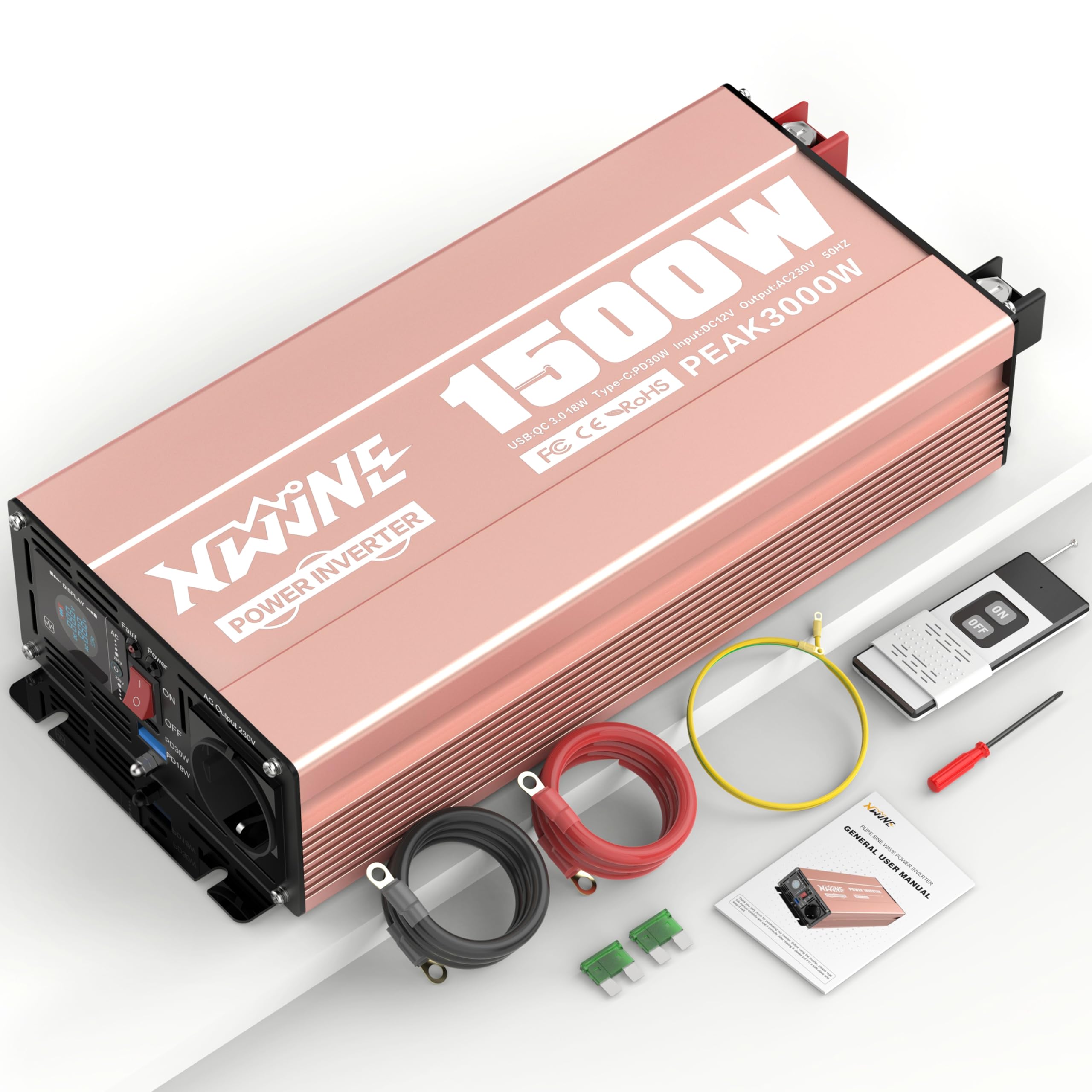XWJNE Convertisseur de Tension Pur Sinus 1500W 12V à 220V, Onduleur pour Camping-Car, Camion, Bateau, Convertisseur de Tension avec Prise Secteur, Sorties USB-A et USB-C, Écran LCD, Télécommande
