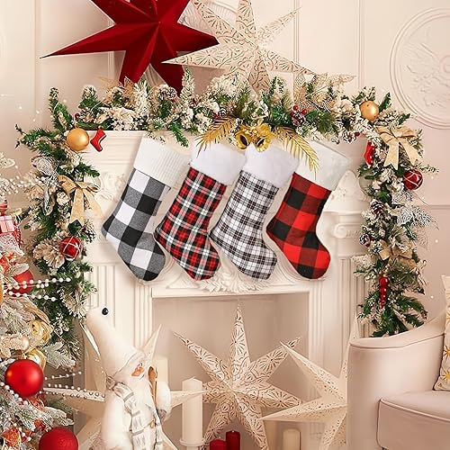Miniatura 3 de Juego de 4 medias de Navidad a cuadros de búfalo, medias de Navidad grandes tradicionales rojas y negras, medias de Navidad únicas para repisa,