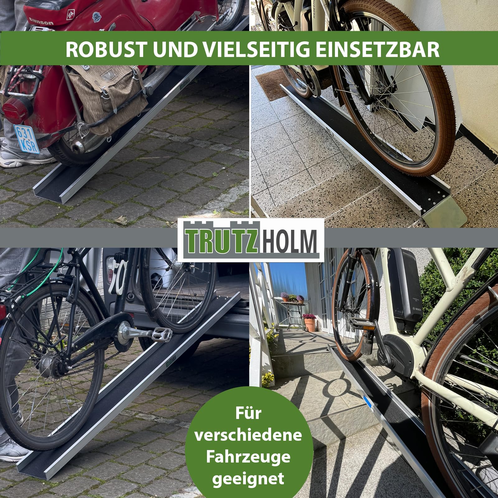 TRUTZHOLM 1x Auffahrschiene Aluminium Gesamtlänge 183 cm Tragkraft 50 kg Anti-Rutsch Beschichtung Auffahrrampe starr für E-Bike kleine Mofas Fahrrad Verladerampe Faharradrampe E-Bikerampe leicht