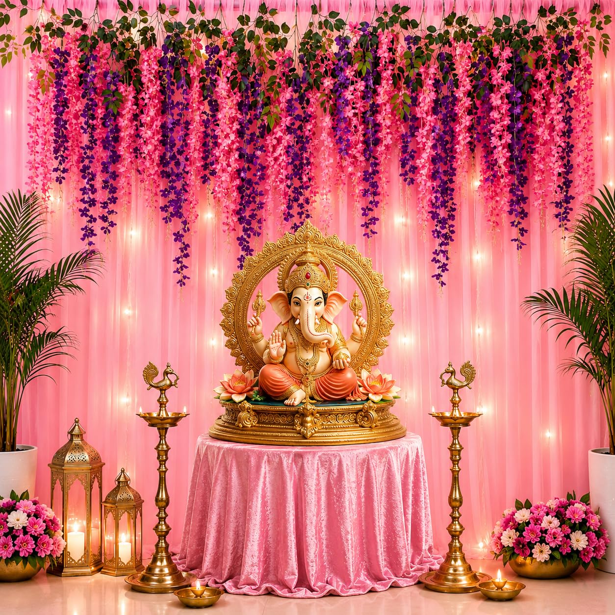 Lazybeee Backdrop Decoration Kit | Net Curtain & Artificial Plant Vines for Ganesh Chaturthi, Haldi & Mehndi, Home Decor & Birthday & Parties | (Ganesh Backdrop Design 9 - C1)