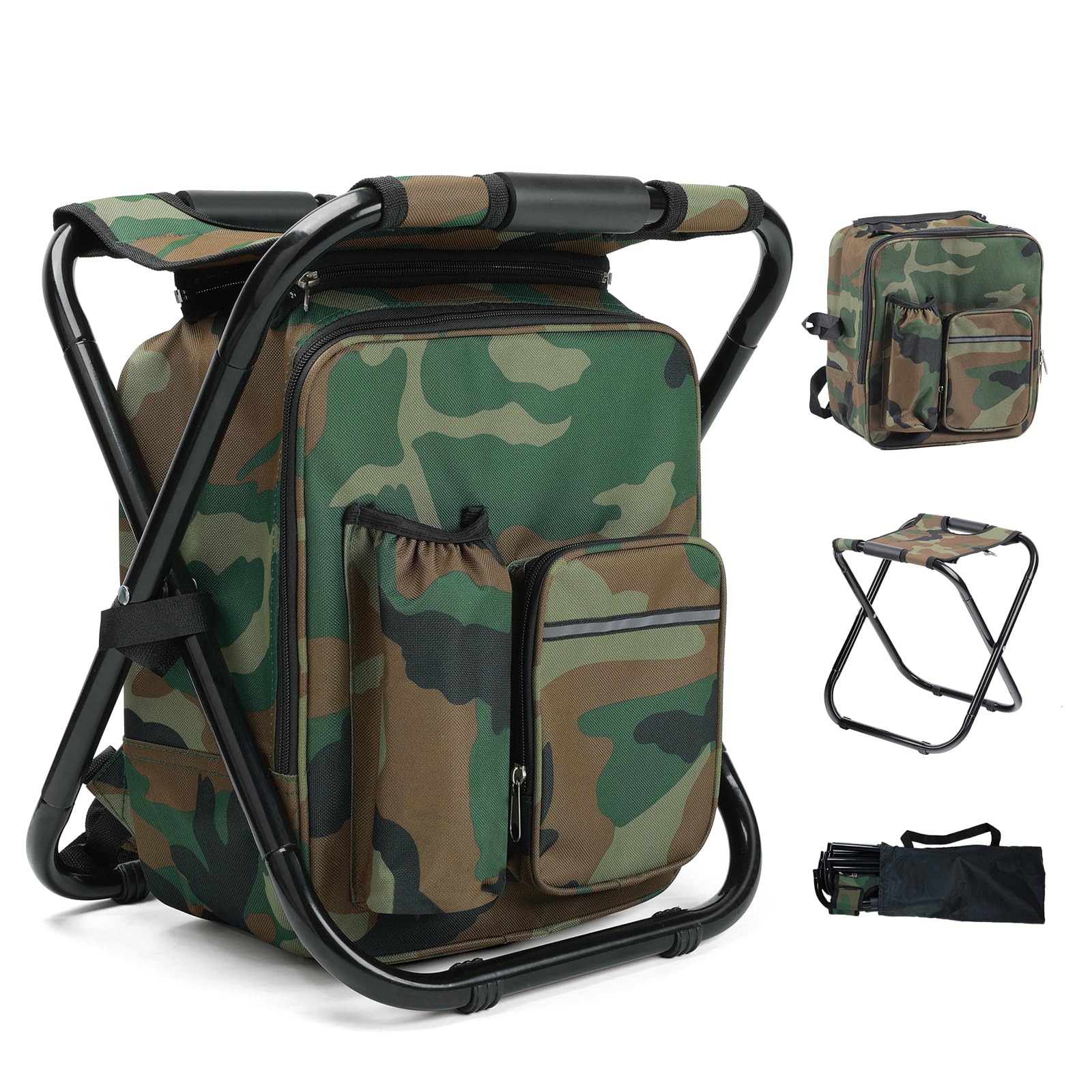 Outplea Portable Fishing Stool with Removable 15L Cooler Backpack, Foldable Caming Chair Backpack 160kg Max Load, Camouflage — image 1