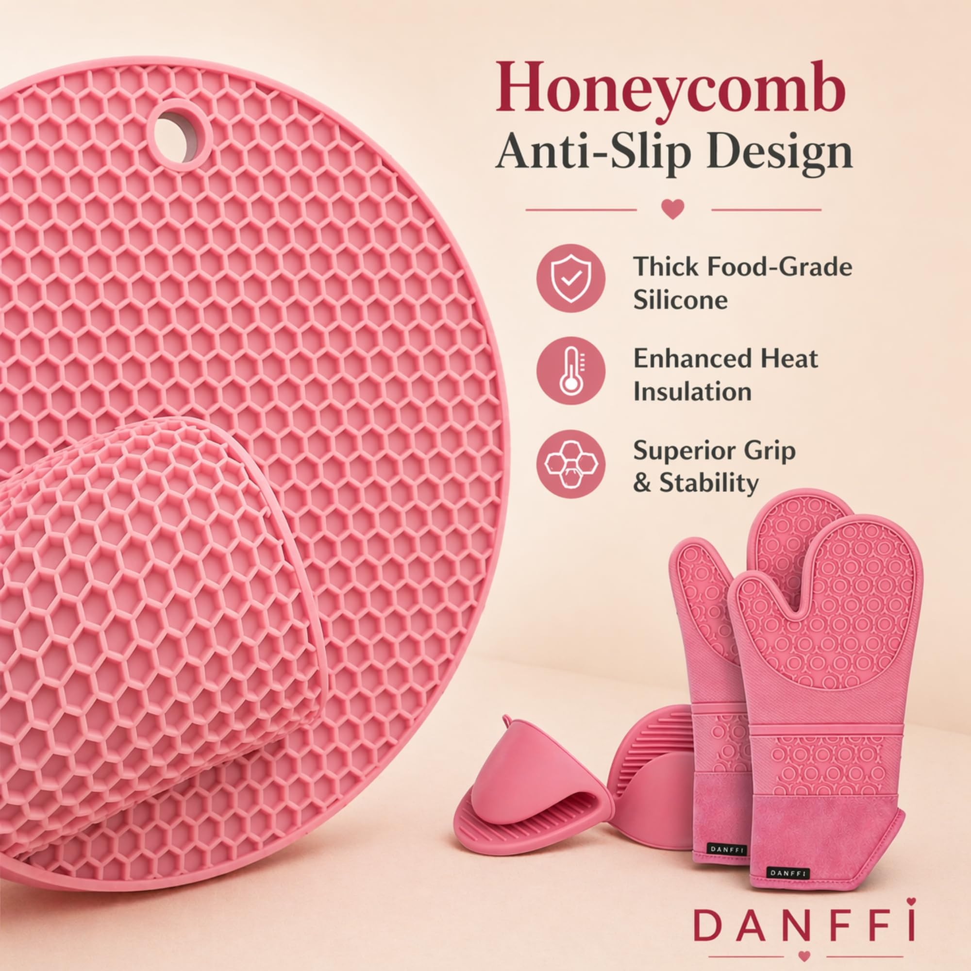 Silikon-Ofenhandschuhe und Topflappen, hitzebeständige Küchenhandschuhe, rutschfester, strukturierter Griff, flexibles Silikon mit weichem Baumwollfutter (6 Stück, Rosa)