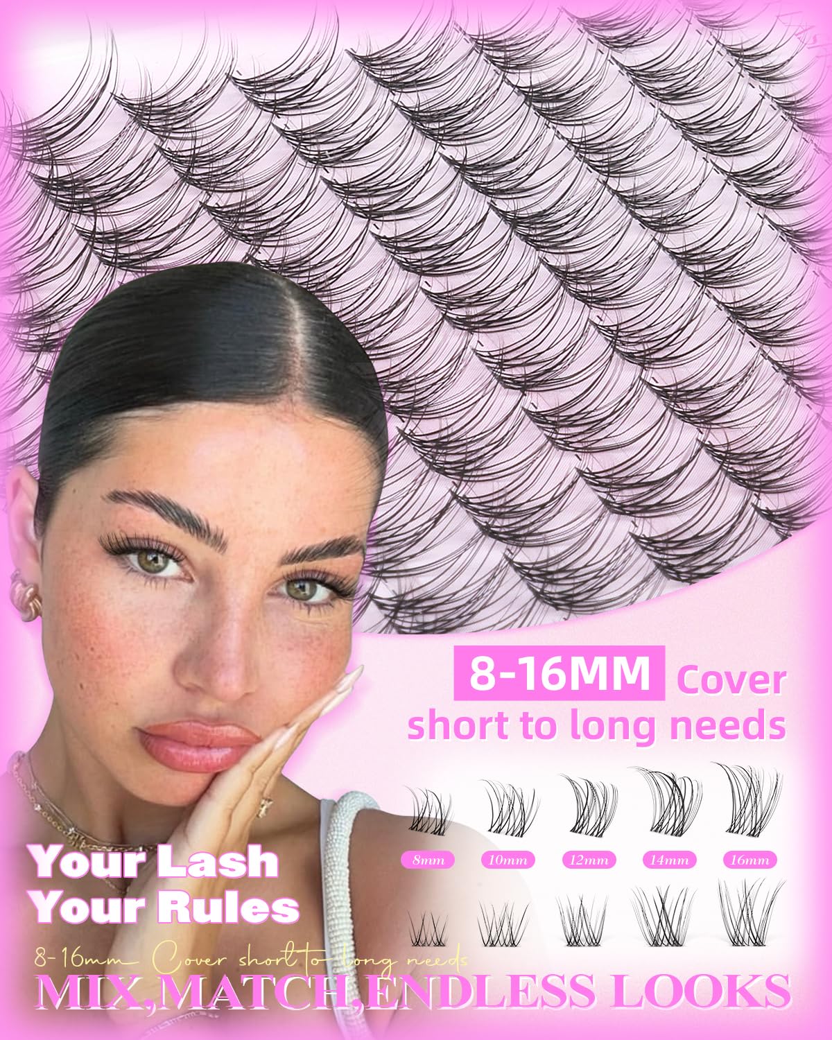 Wispy Wimpern-Cluster, natürliche Wimpernbügel, unsichtbar, dünnes Band, 8–16 mm, Cluster-Wimpernverlängerung, DIY-Wimpernverlängerungen mit D-Curl, breite Spannweite, einzelne Wimpern von WTVANE