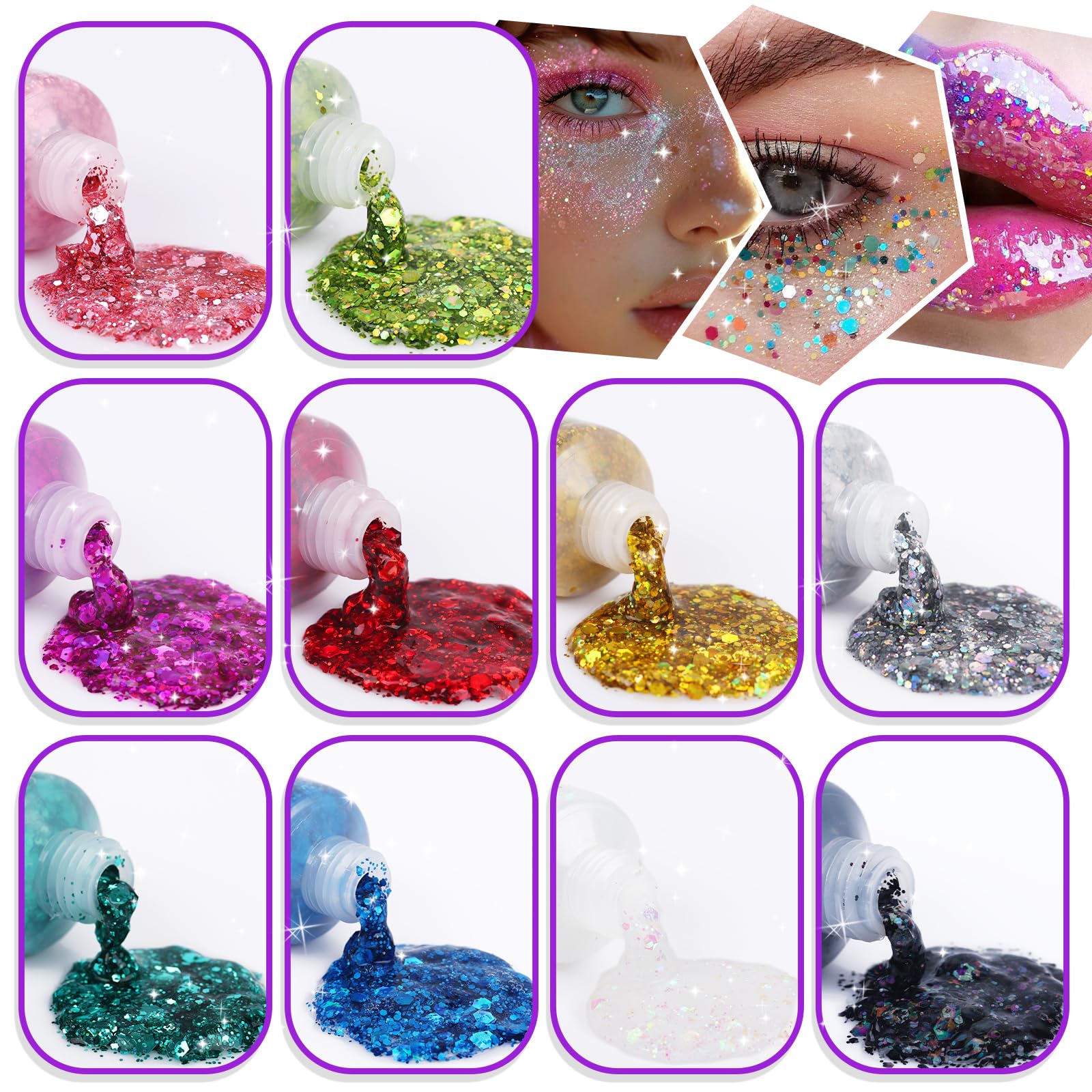 10 colores de gel de maquillaje con purpurina para cantantes, conciertos, discoteca, Navidad, festival, rave, lentejuelas gruesas, gel de sirena para mujer