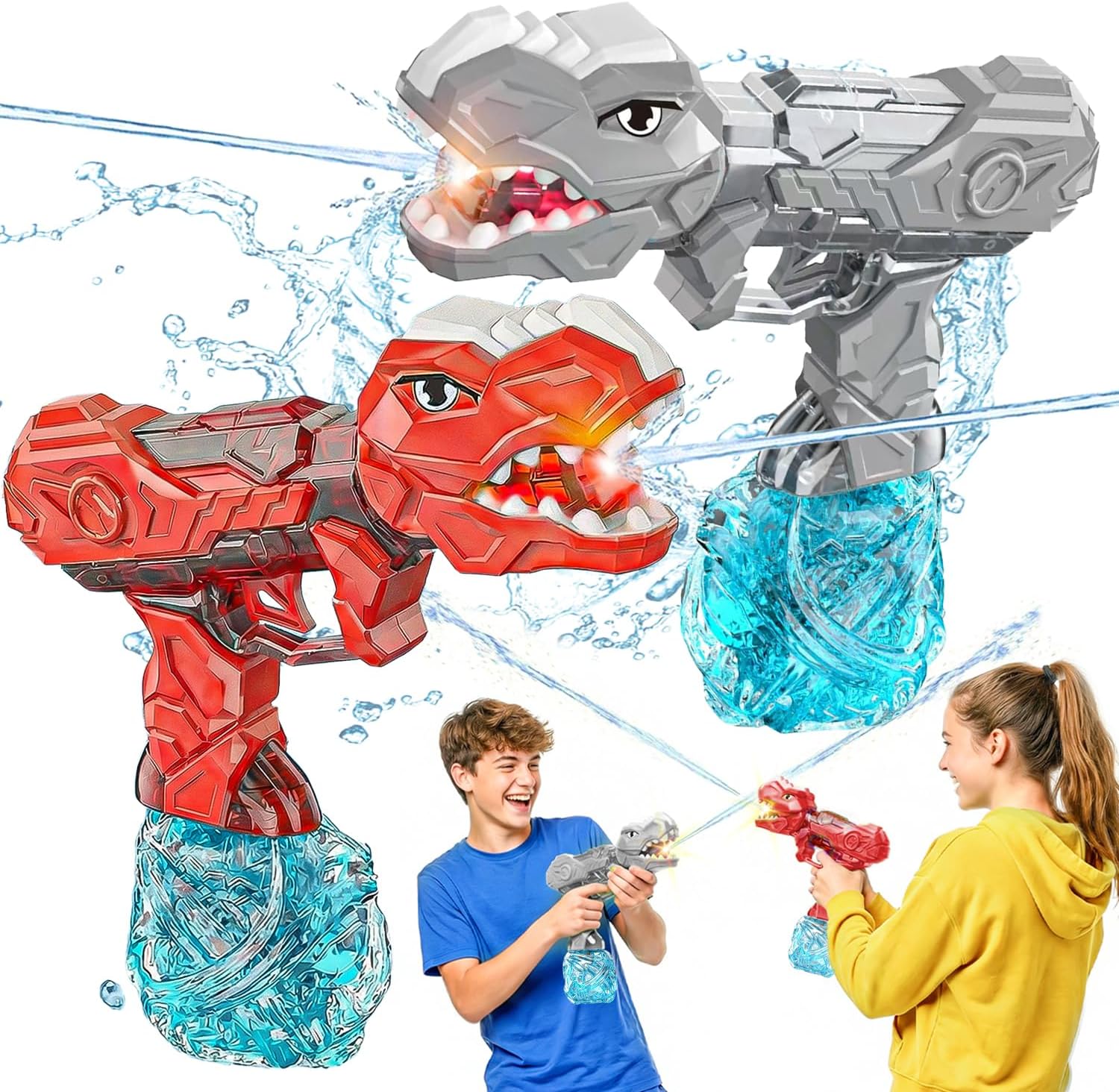 Red&Grey Electric Water Gun with Light Flash, Dinosaur Design Automatic Squirt Gun with 26-32FT Long Range, Powerful Water Guns for Kids Adults Squirt Pistol for Summer Outdoor Beach