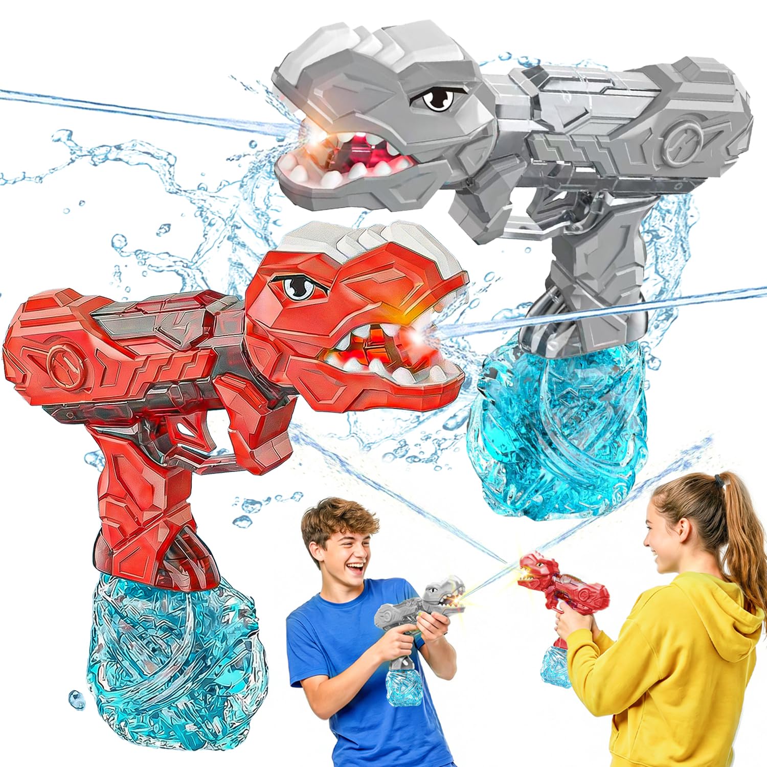 FOTSHARER Red&Grey Electric Water Gun with Light Flash, Dinosaur Design Automatic Squirt Gun with 26-32FT Long Range, Realistic Powerful Water Guns for Kids Adults Squirt Pistol