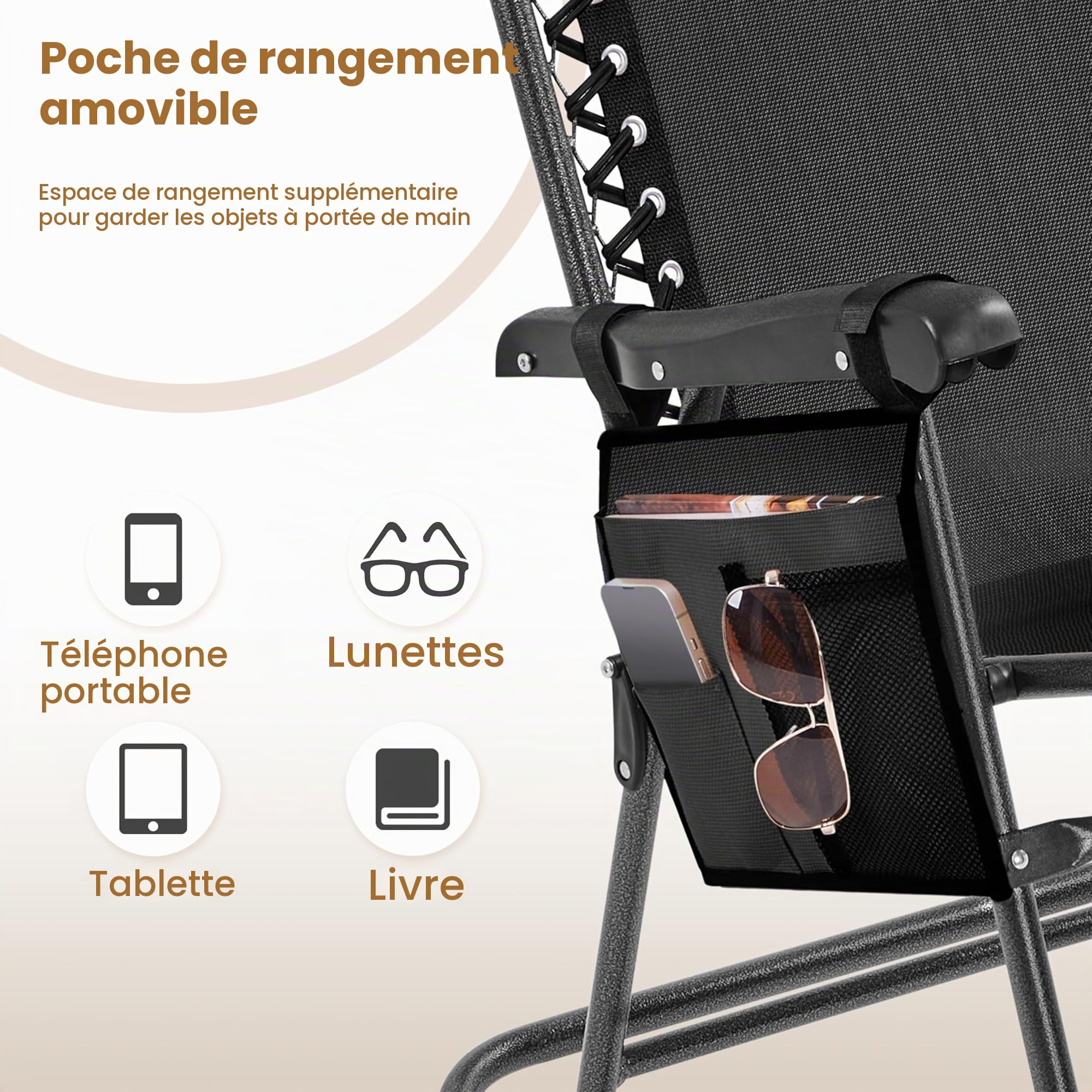Yaheetech Basics Fauteuil à Bascule Pliant Rocking Chair Pliable de Jardin 102 x 65,5 x 103 cm avec Têtière Réglable Poche de Rangement pour Jardin Patio Terrasse Camping Voyage Noir