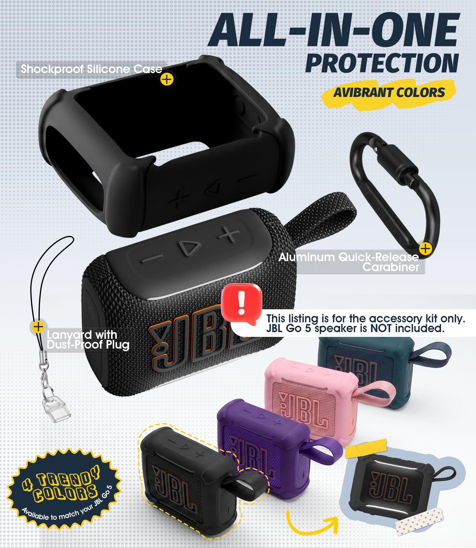 NEWZEROL Silikon Schutzhülle Kompatibel mit JBL Go 5 Bluetooth Lautsprecher, 4-Ecken Stoßfest mit Karabiner und Lanyard Staubstopfen, Leicht, Anti-Drop Schwarz