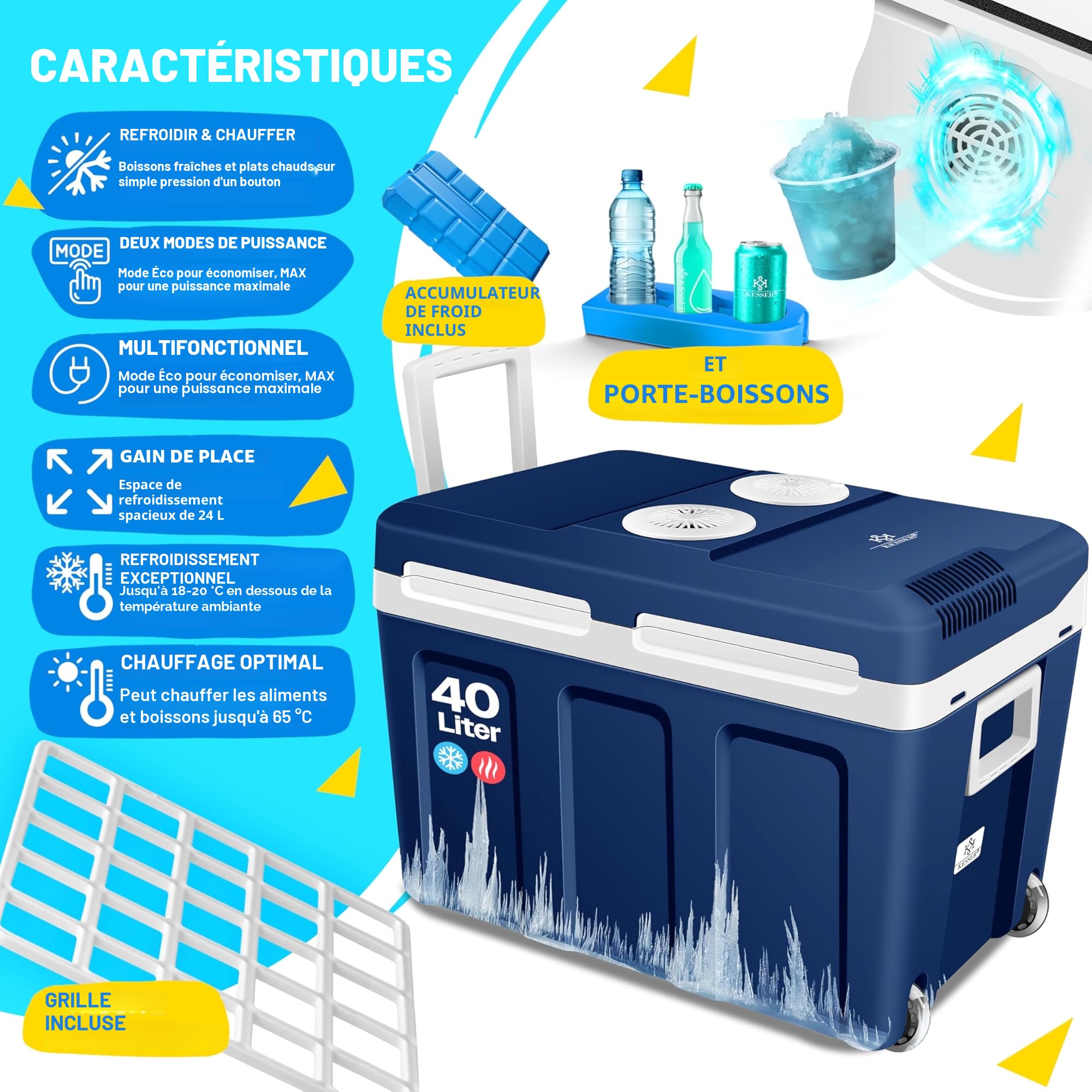 KESSER® Glacière à roulettes 40L | pour Garder au Chaud et Refroidir | Glacière thermoélectrique | 12 Volts et 230 Volts| Mini-réfrigérateur | Thermobox pour Voiture| Bateau et Camping | EEK A++