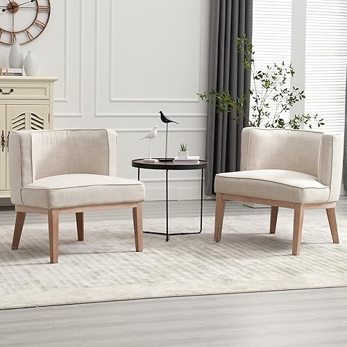 Miniatura 24 de Sillas decorativas de barril, sillas decorativas de lino, sillas laterales modernas tapizadas para sofá individual con patas de madera, cómodas