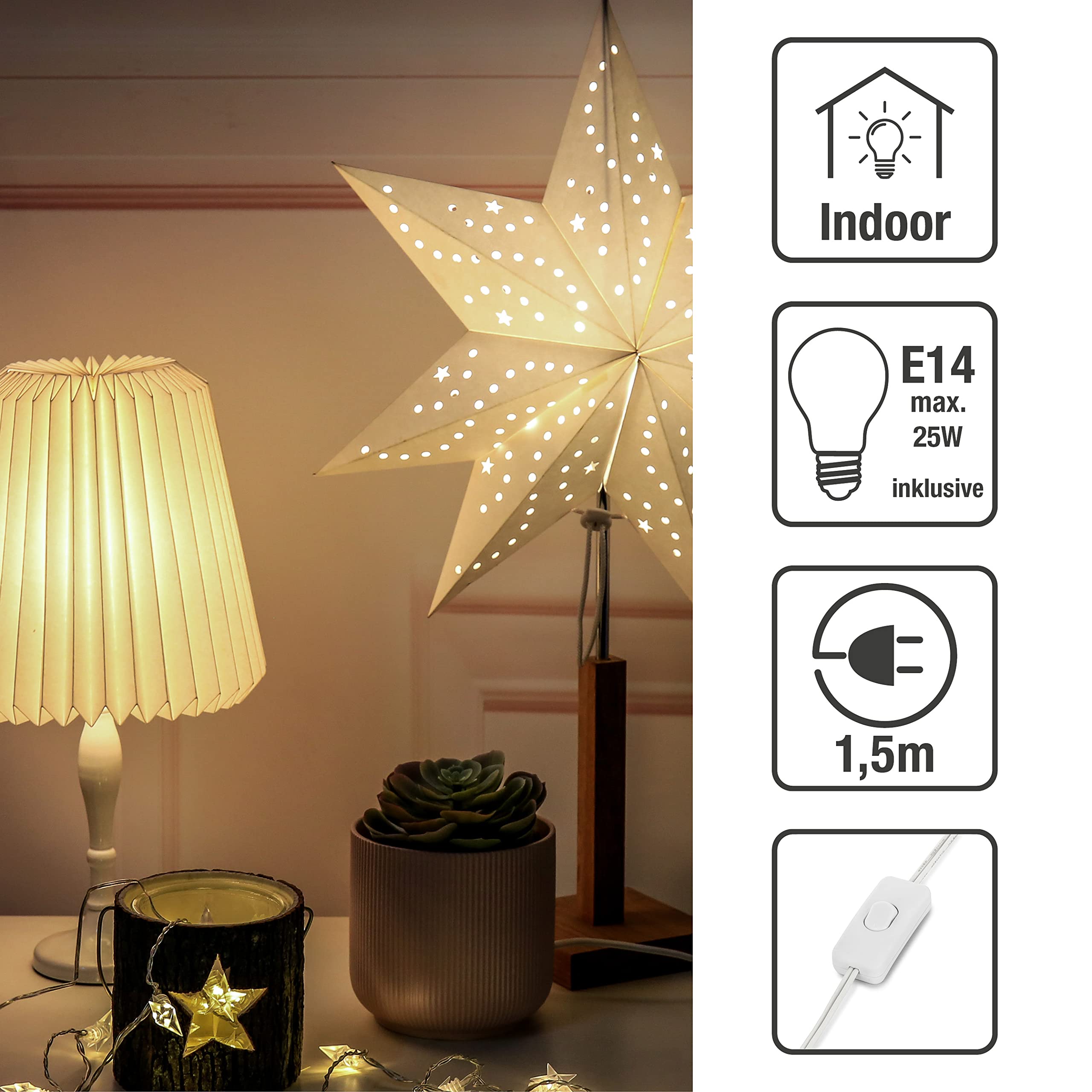 hellum Tischlampe mit Wechselschirm Weihnachten Papierstern order Design Papier-Lampenschirm, Weiß Faltbar Papierschirm mit Fuß aus Metall, Deko Leuchtemit LED-Glühbirne mit Schalter, 578430