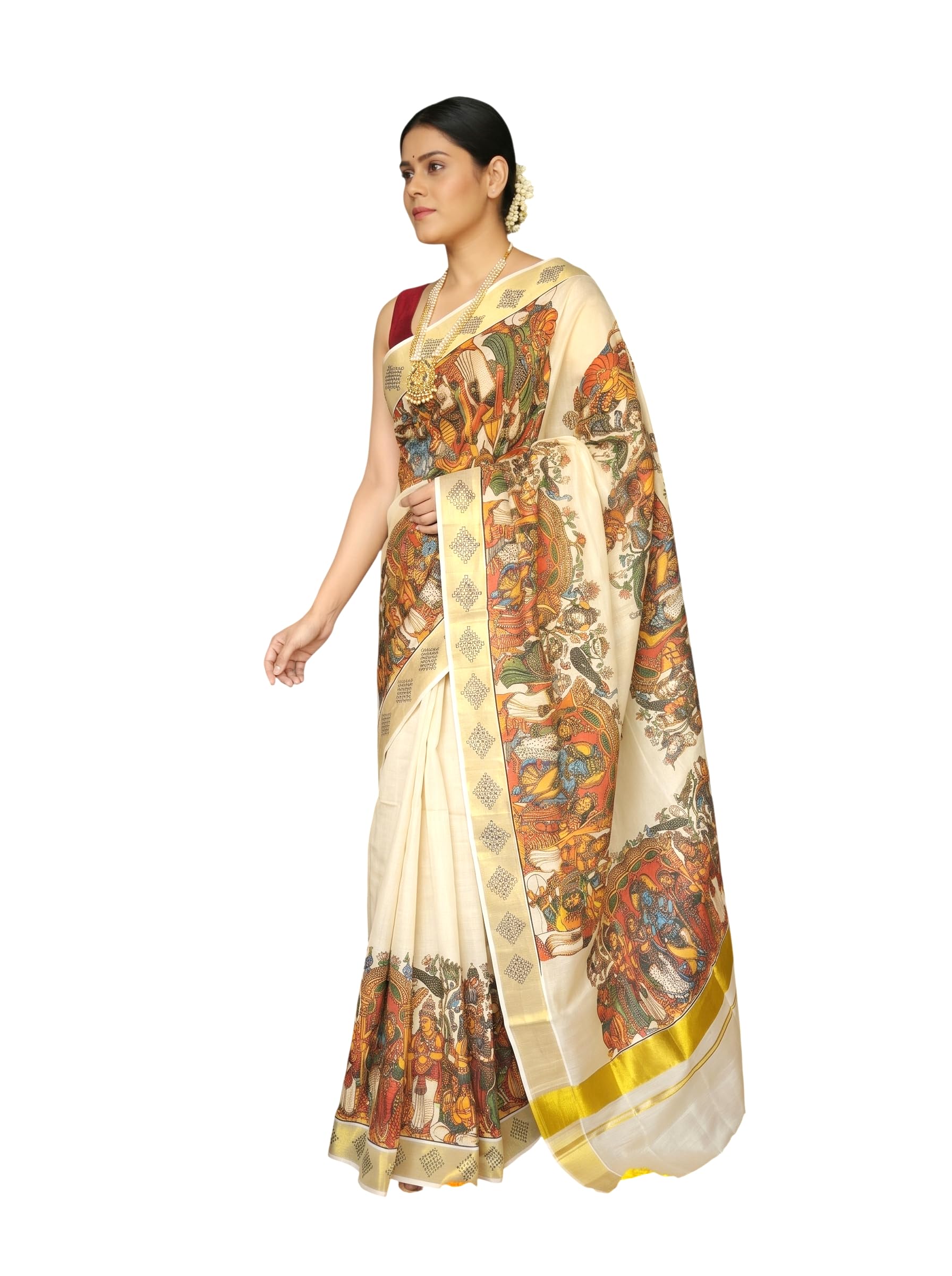 Seetha Kalyanam Inspired Mural Art Kasavu Tissue Saree | Traditional Saree with Blouse Piece-image-4