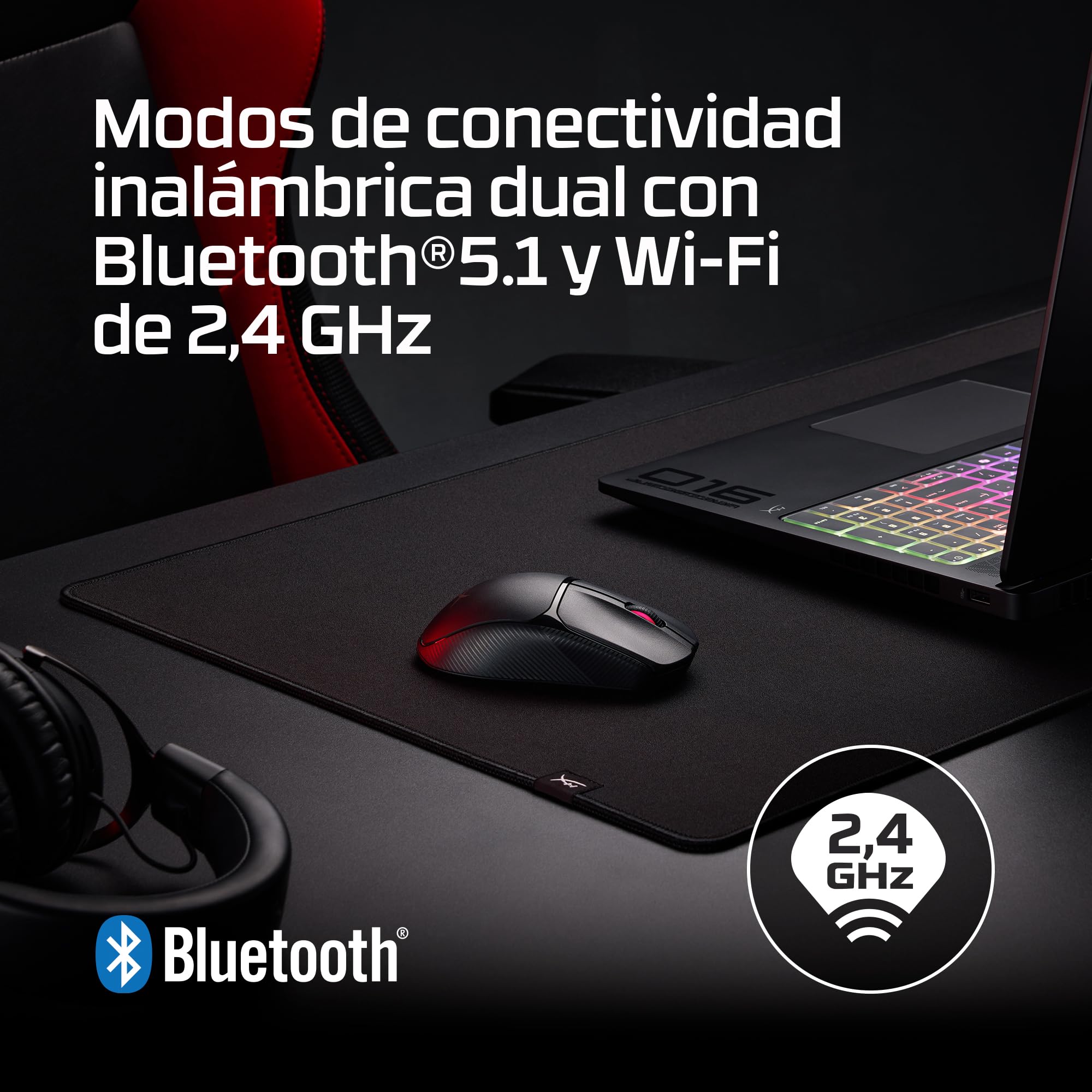 Hyperx Pulsefire Fuse - Ratón Gaming inalámbrico, Ultra-Ligero 75g, autonomía 85h, ambidiestro, 12000DPI, 6 Botones, Color Negro