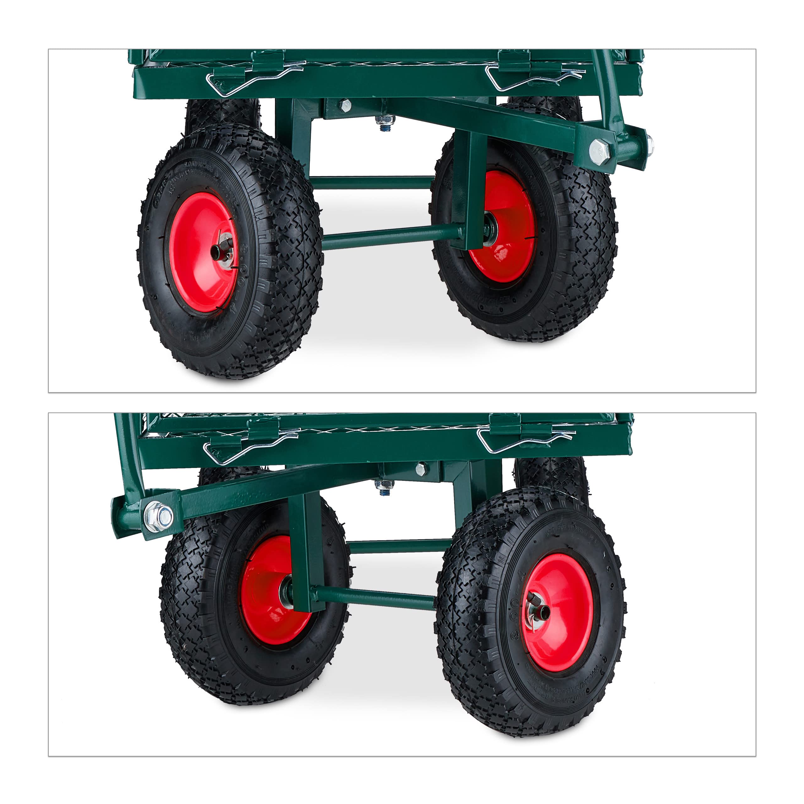 Relaxdays Handwagen, praktischer Bollerwagen für den Garten, Luftbereifung, klappbare Seitenteile, bis 200 kg, grün-rot