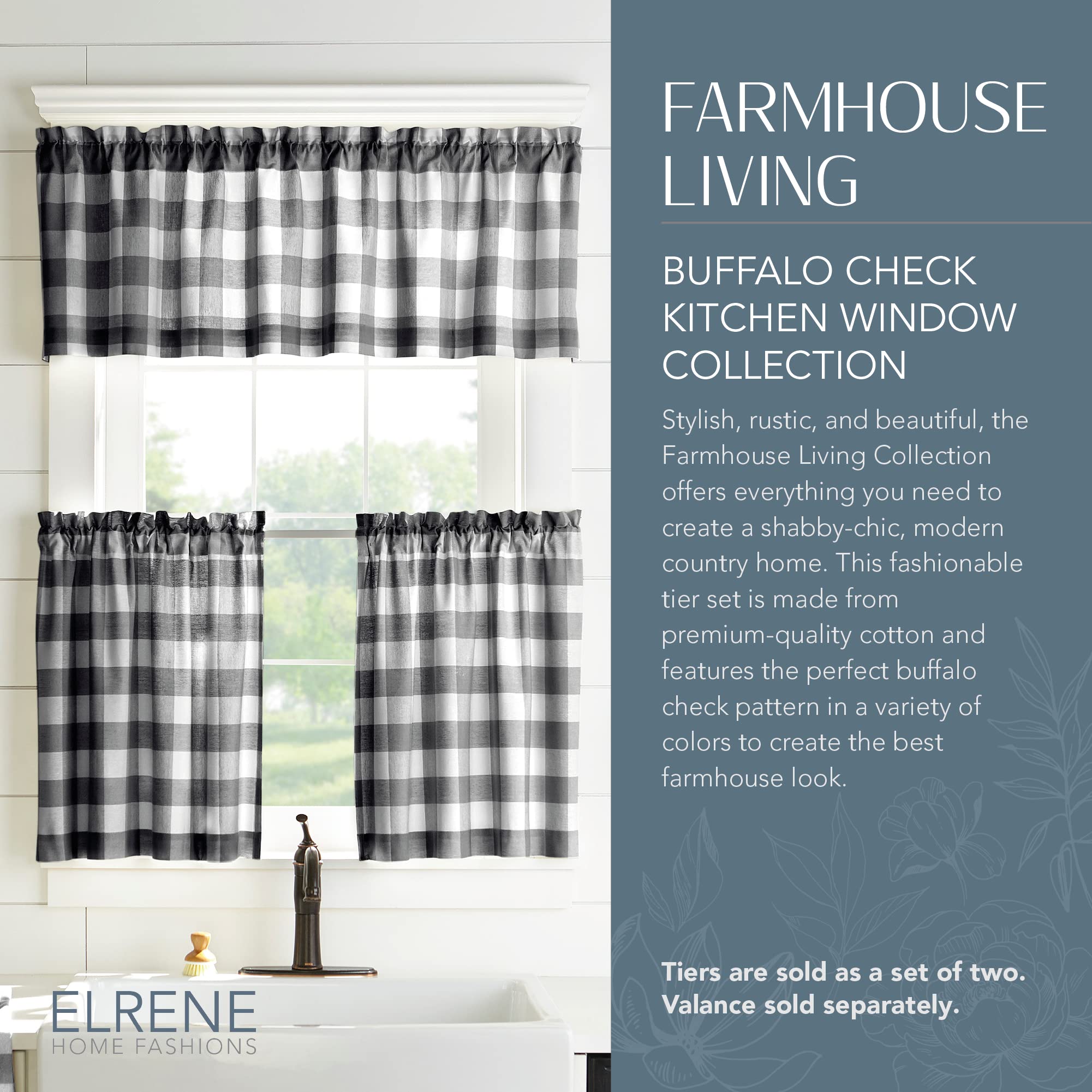 Elrene Buffalo Check Window Kitchen Tier Set, Cotton, Black/White, 30" W x 24" L (Pack of 2), W 24" x L 30" (2 Panels) - Image 2