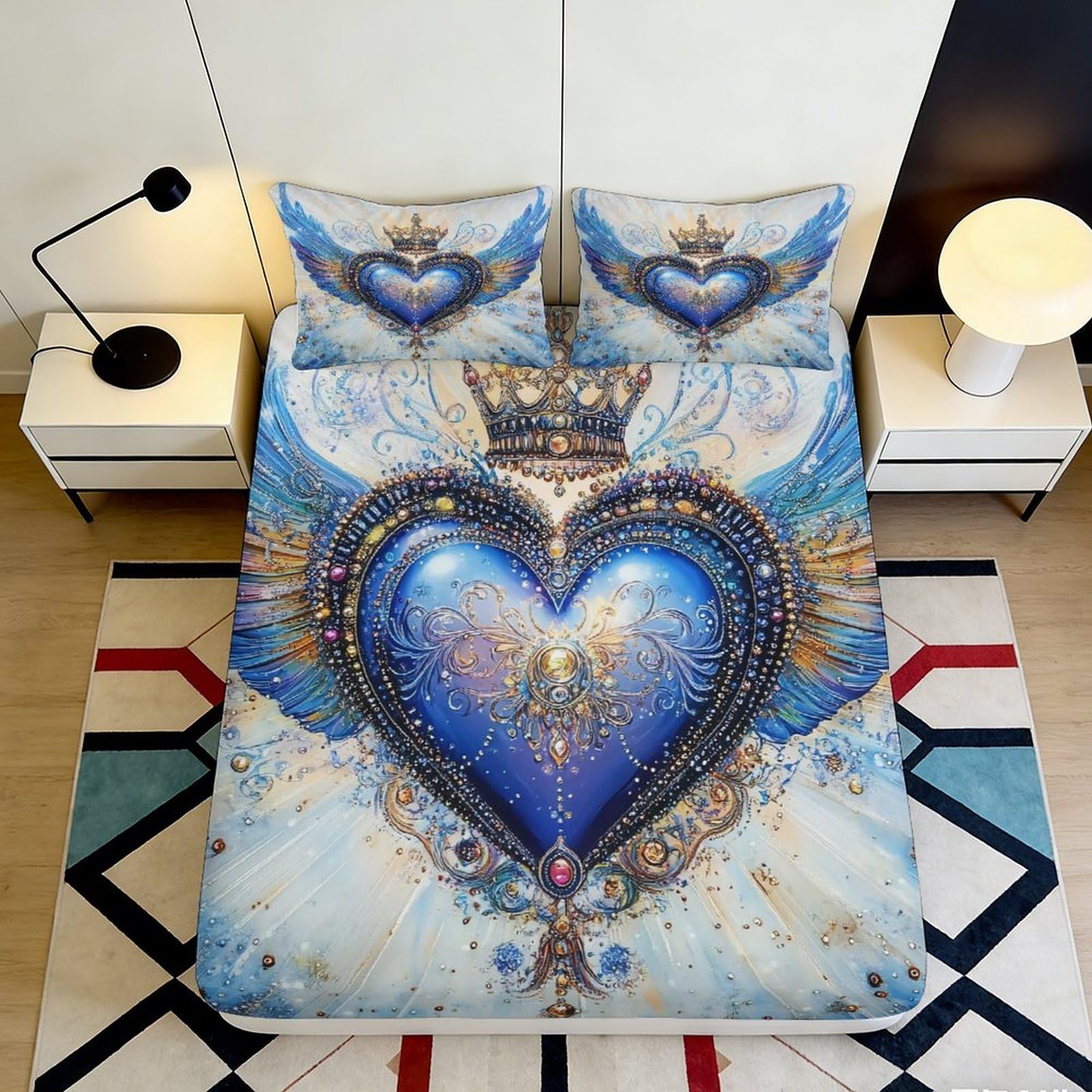3D Printed Blue Crown Heart Microfiber Fitted Sheet Deep Pocket Non-Slip Bedroom Bedding Blue Heart Mattress Fitted Cover Washable Protector 180x200x25cm