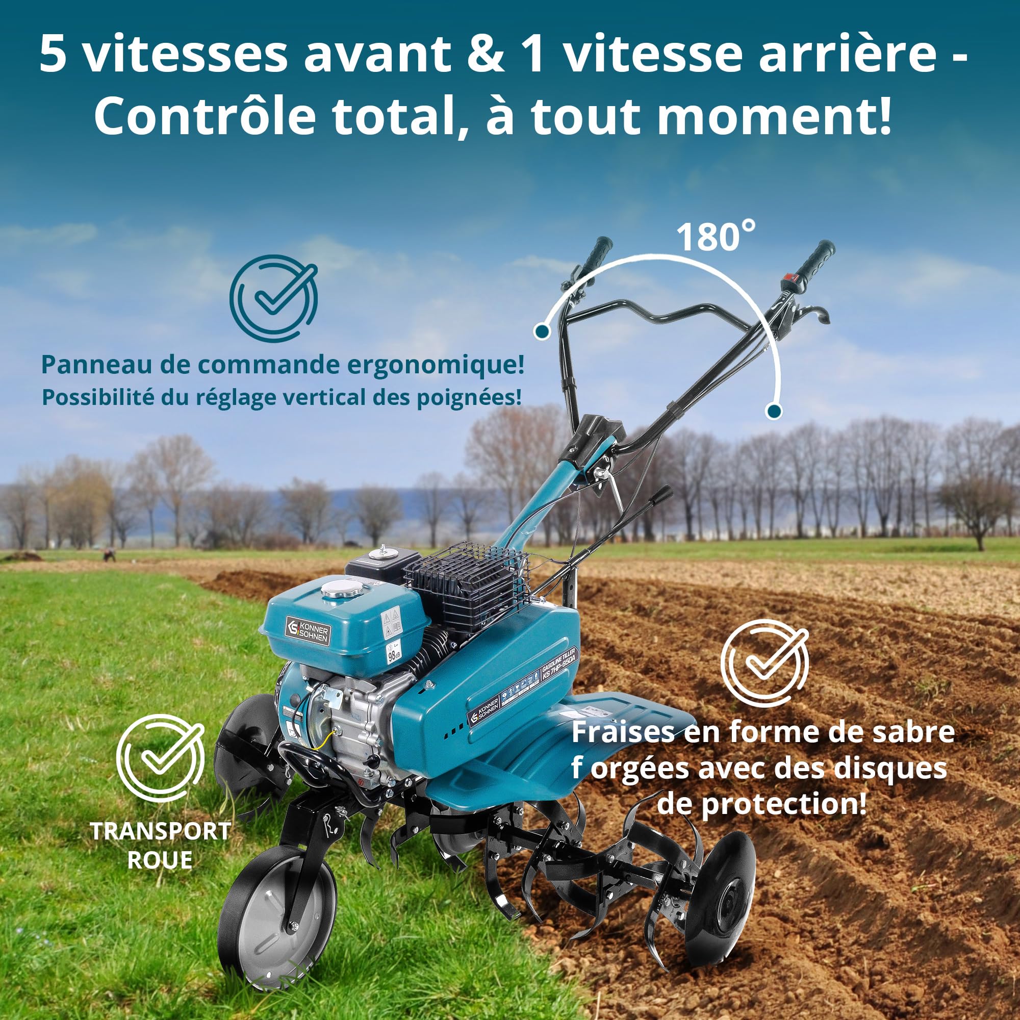 Könner & Söhnen KS 7HP-950A, Cultivateur à Essence cylindrée 212 cm3, Motoculteur de Jardin, de Labour Max. 31 cm, motobineuse pour parcelles familiales, parterres de Fleurs et parcelles de Jardin.