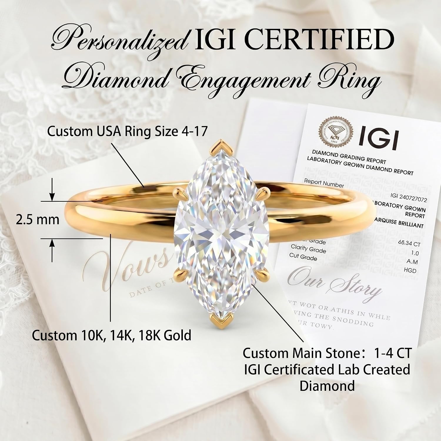 WSX Personalized 1 to 4 Carat IGI Certificated Solitaire Lab Grown Diamond Rings, D Color VVS1-VVS2 Clarity, Classic Wedding Promise Engagement Anniversary Bridal Ring for Women