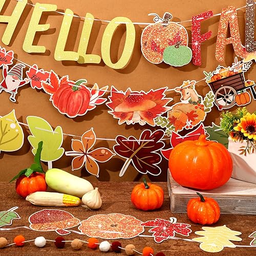 Miniatura 7 de Teling 5 piezas de decoración de fiesta de otoño con texto en inglés Hello Fall, guirnalda de bolas de pompón, arce, calabaza, bellota, decoración