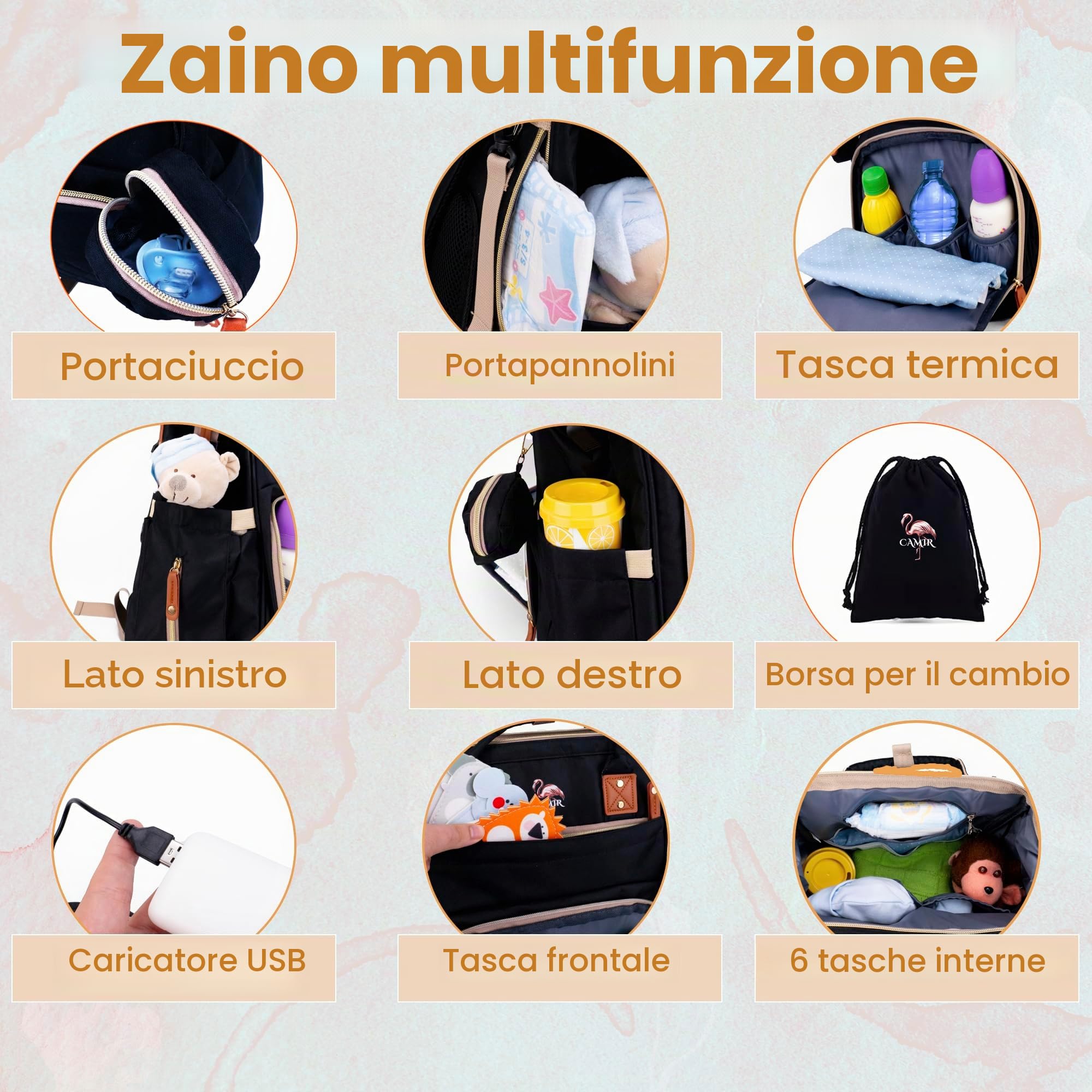 CAMIR- Zaino per pannolini, zaini per passeggini, borsa per pannolini maternità per mammella, portatile con ganci per auto, borse per pannolini per ospedale.