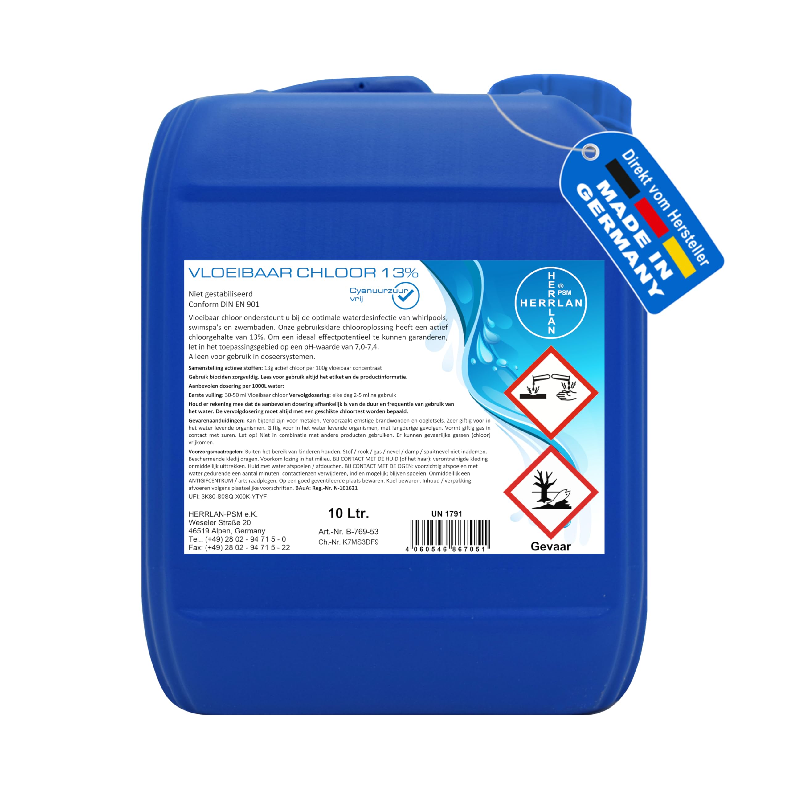 HERRLAN® Chlor flüssig 13% - 10 Liter Gebinde - Profi-Wasserdesinfektion für Pool & SwimSpa - Made in Germany  
HERRLAN®