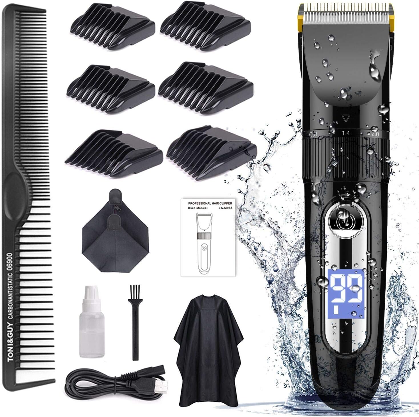 Hair Clippers for Men Cordless Professional, GOOLEEN Hair Clipper Set Beard Trimmer Hair Trimmer IPX7 Waterproof Rechargeable Electric Haircut Kit with Hairdressing Cape LCD Display