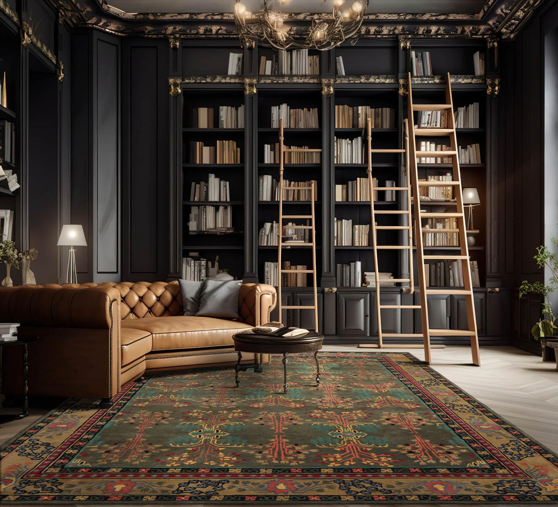 LoomBloom 6x9 Hand Tufted Hand Made 100% Wool Donegal Branches Arts & Crafts Oriental Area Rug Gray with Green Undertone,Moss Color