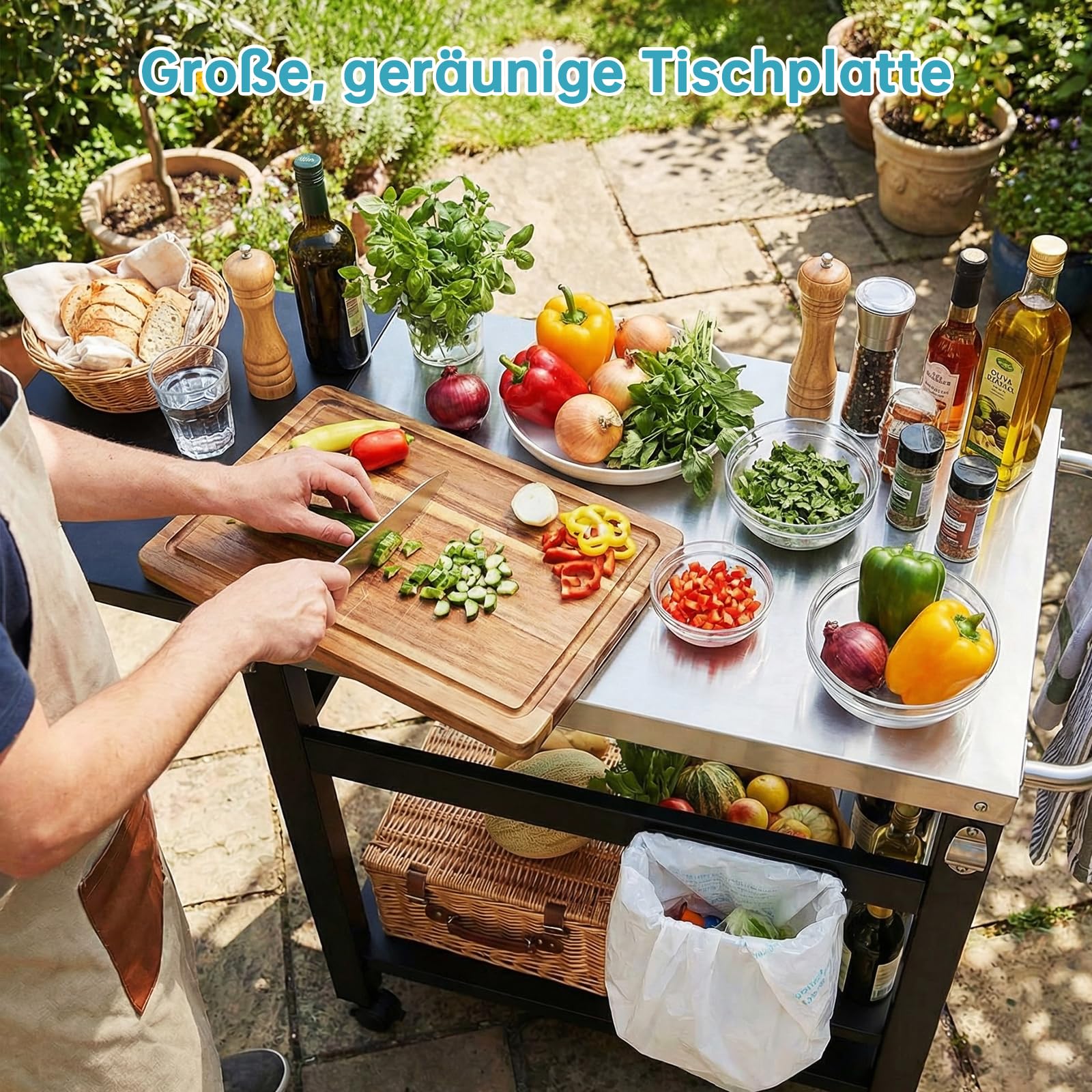 LIFERUN Desserte Barbecue Extérieur avec Table d'appoint Pliable, Chariot Plancha 2 Niveaux avec Dessus de Table en Acier INOX, Chariot de BBQ Pizza 4 Roues, pour Cuisine, Jardin et Fêtes, 116x48 cm