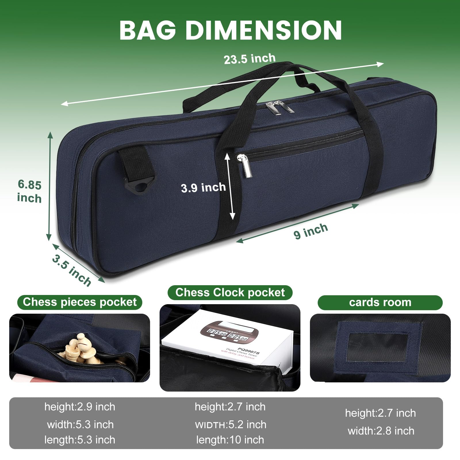 LEAP Sac d'échecs uniquement pour jeux d'échecs, sac de transport pratique avec quatre parties de rangement pour échiquier enroulable, pièces d'échecs, horloge d'échecs, en remplacement des jeux