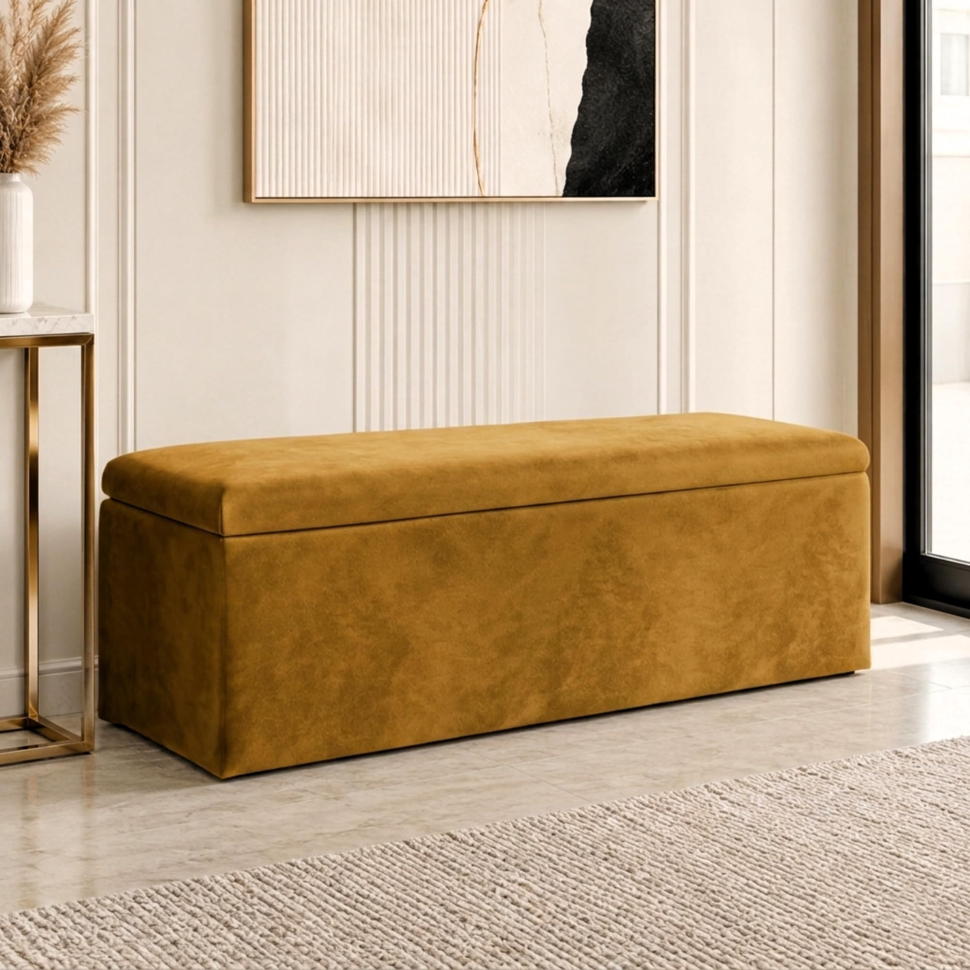 Harveys Living Plain Ottoman Storage Box - Engineered Wood Luxurious Plush Velvet Ottoman Storage Bench (Mustard, No Legs)