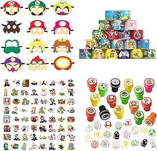 Super Mari Party Favors Set, Mari Birthday Party Supplies Include 12 Stamps, 12 Slap Bracelets,12 Masks, 50 Stickers Classroom Rewards Prizes, Goody Bag Treat Bag Stuff for Mari Birthday Party Gifts