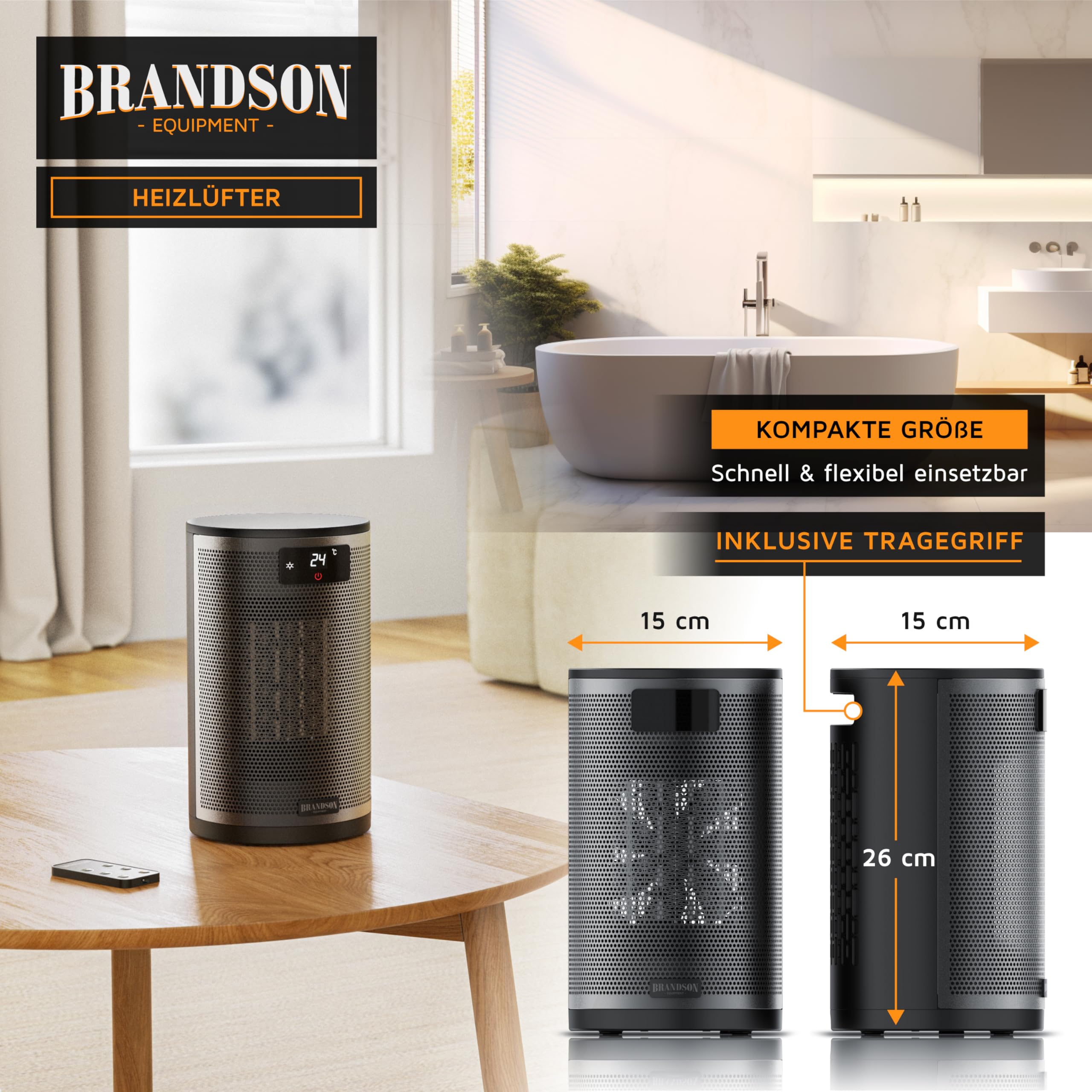 Brandson - Heizlüfter mit Fernbedienung - Preisträger - ECO Modus energiesparend leise - 1500 Watt - 2 Stufen - Kippschutz und Überhitzungssschutz
