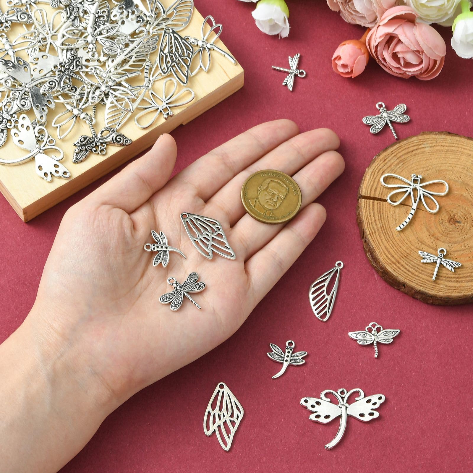 UR URLIFEHALL 100 Pcs 10 Styles Antique Silver Dragonfly Charms Tibetan Flying Insect Animal Charms for Jewellery Making DIY Crafts Bracelets - Image 3