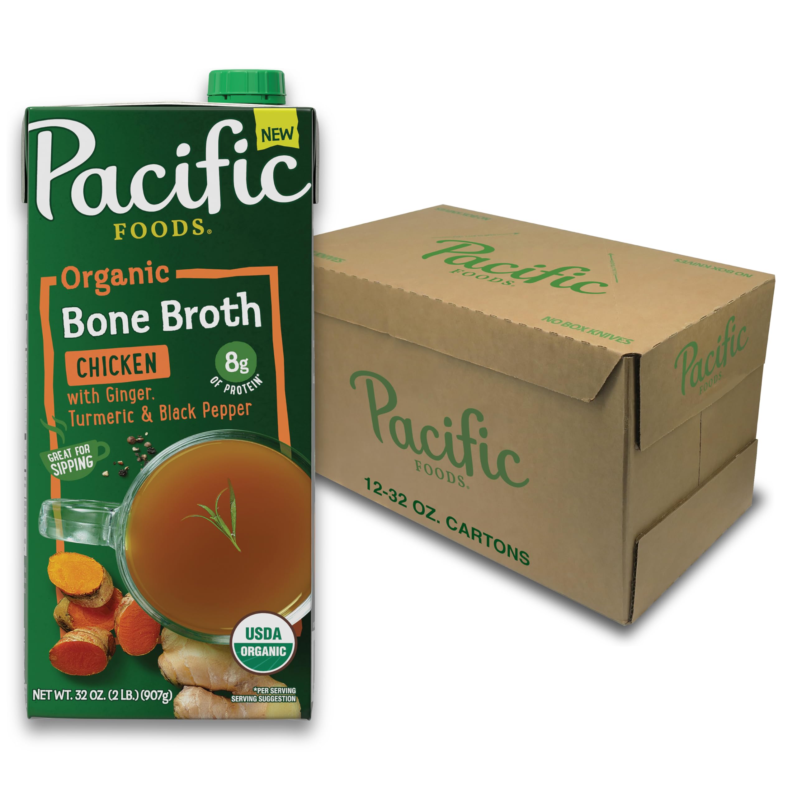 Pacific Foods Organic Chicken Bone Broth With Ginger, Turmeric, and Black Pepper, 32 oz Carton (12 Pack)