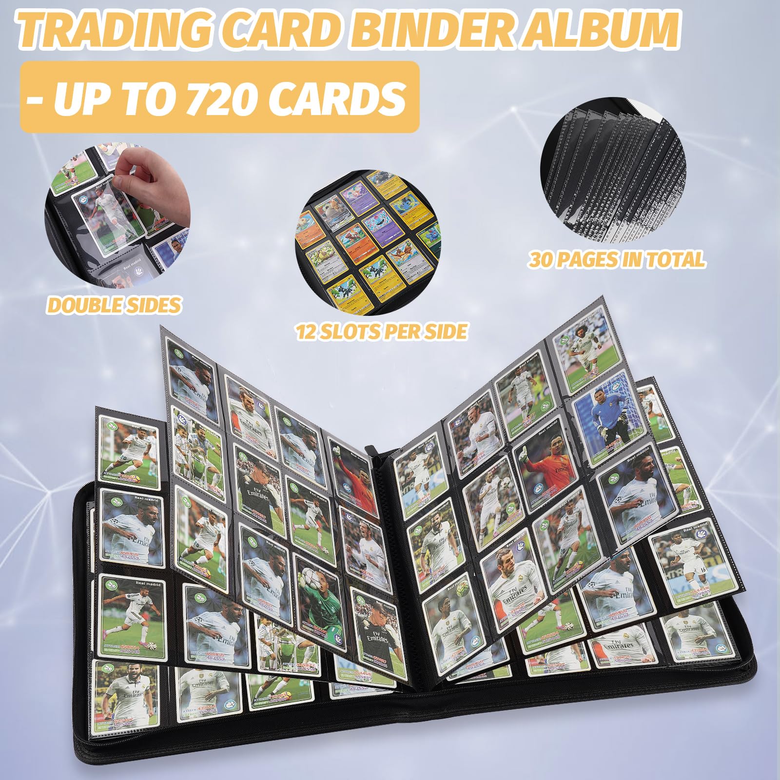 GERMUN Raccoglitore per carte collezionabili, 12 tasche, 720 tasche, raccoglitore per collezione di carte, cartella per album di carte per MTG, TCG, carte sportive, carte da gioco (blu scuro)