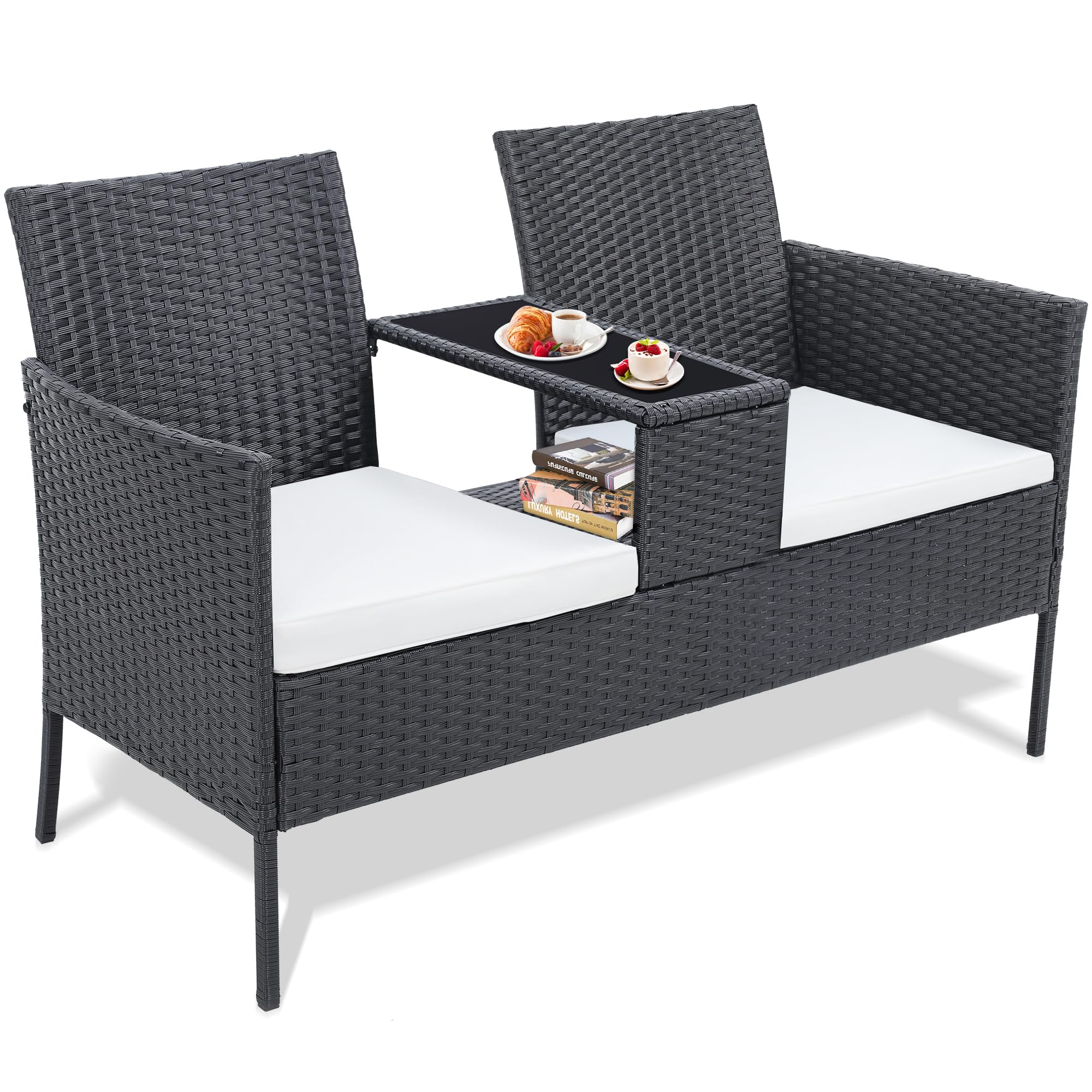 KromaxWicker 2 Seat Patio Conversation Set, Outdoor Rattan Loveseat with Table, Washable Cushion Covers, Backyard, Garden, Lawn, Black Rattan with White Cushion