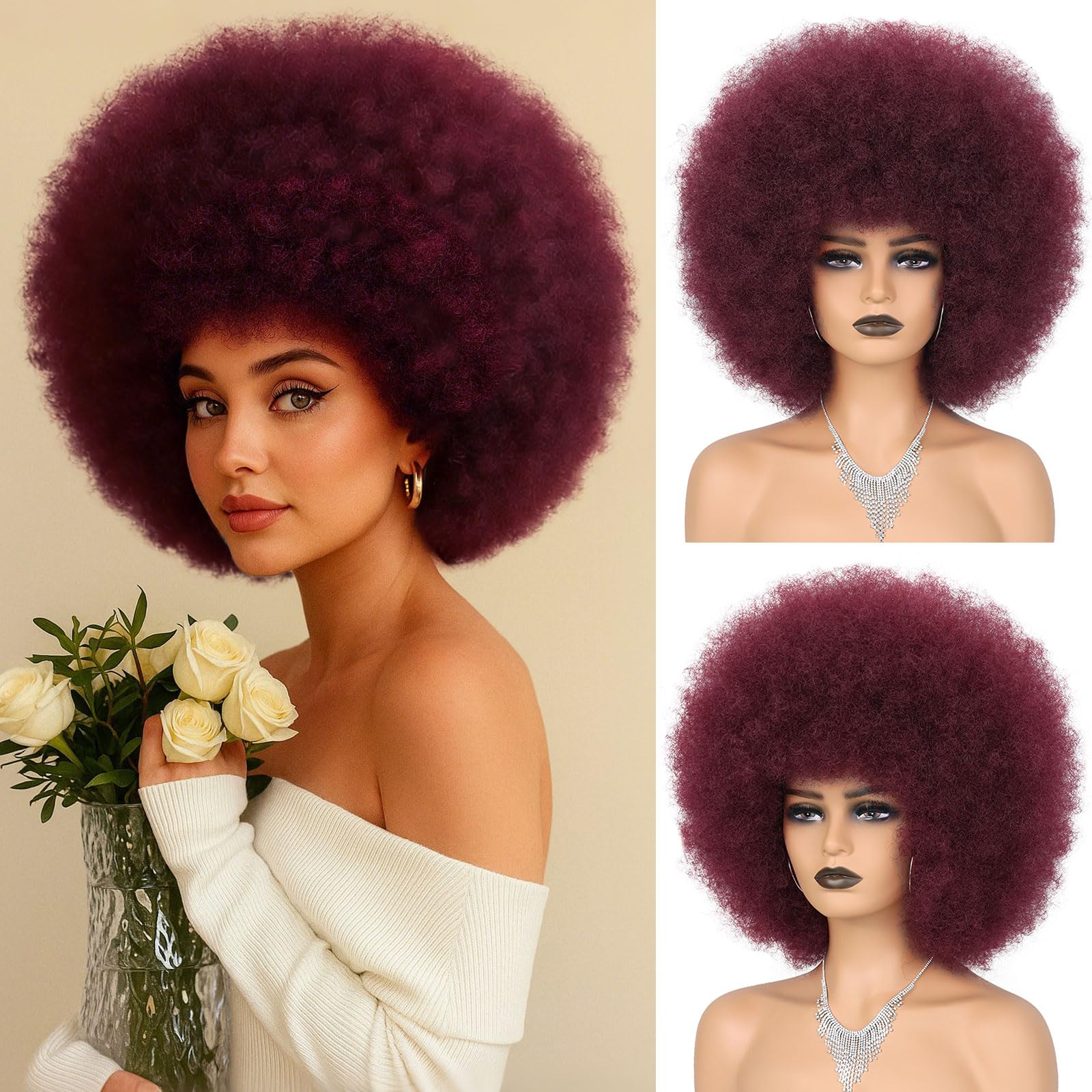 Wallden Hair Red Afro Wigs for Black Women Glueless Wear and Go Wig 10 Inch Curly 70s Afro Wigs Burgundy Synthetic Puff Wig for Daily Party Cosplay