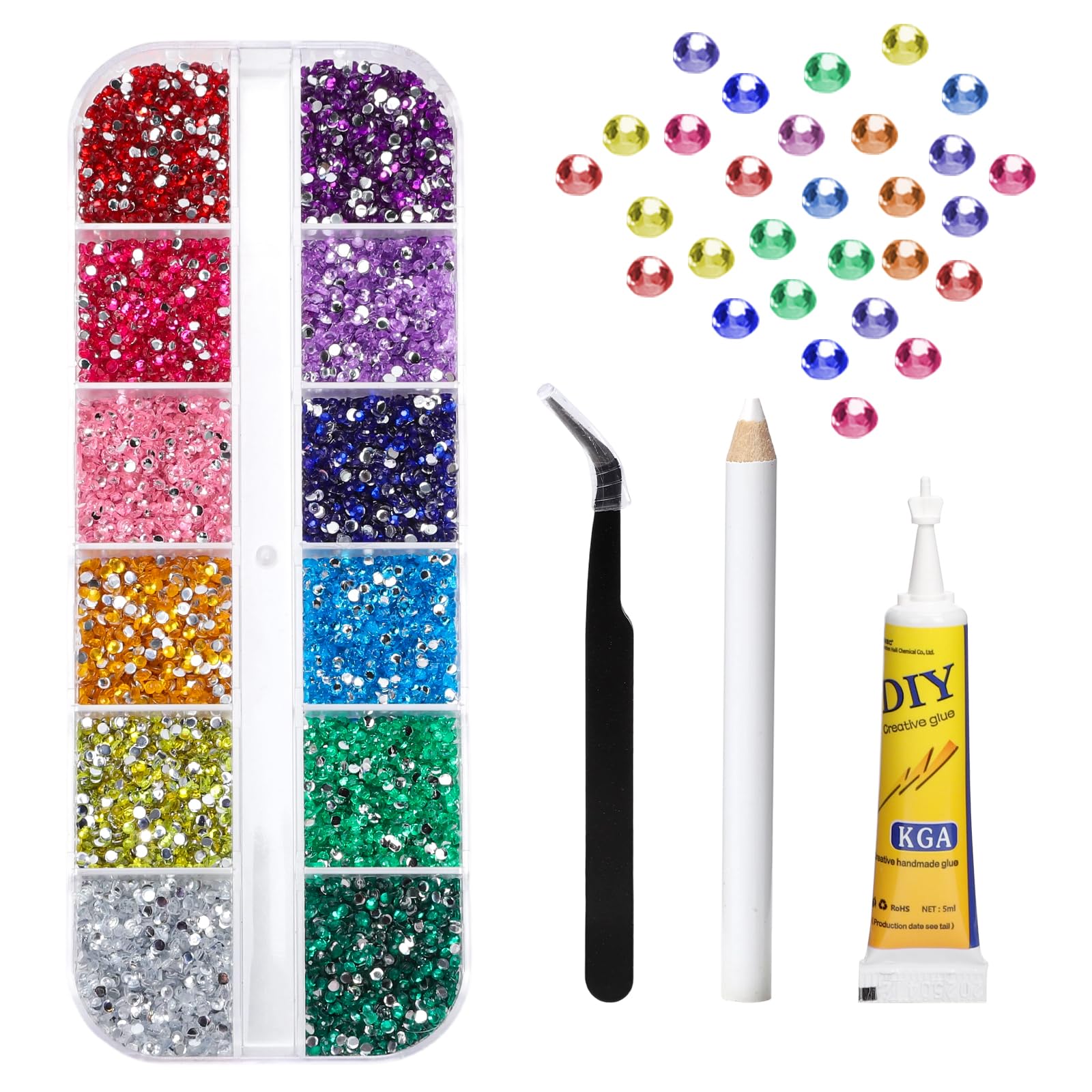 Photo 1 of Pyrasis 1.5mm Acrylic Nail Art Makeup Rhinestone Set, 10000 Colorful Flat Back Gemstones, with Jewelry Glue Crayons and Tweezers, 12 Colors Suitable for Christmas and New Year Nail Art, and DIY Crafts