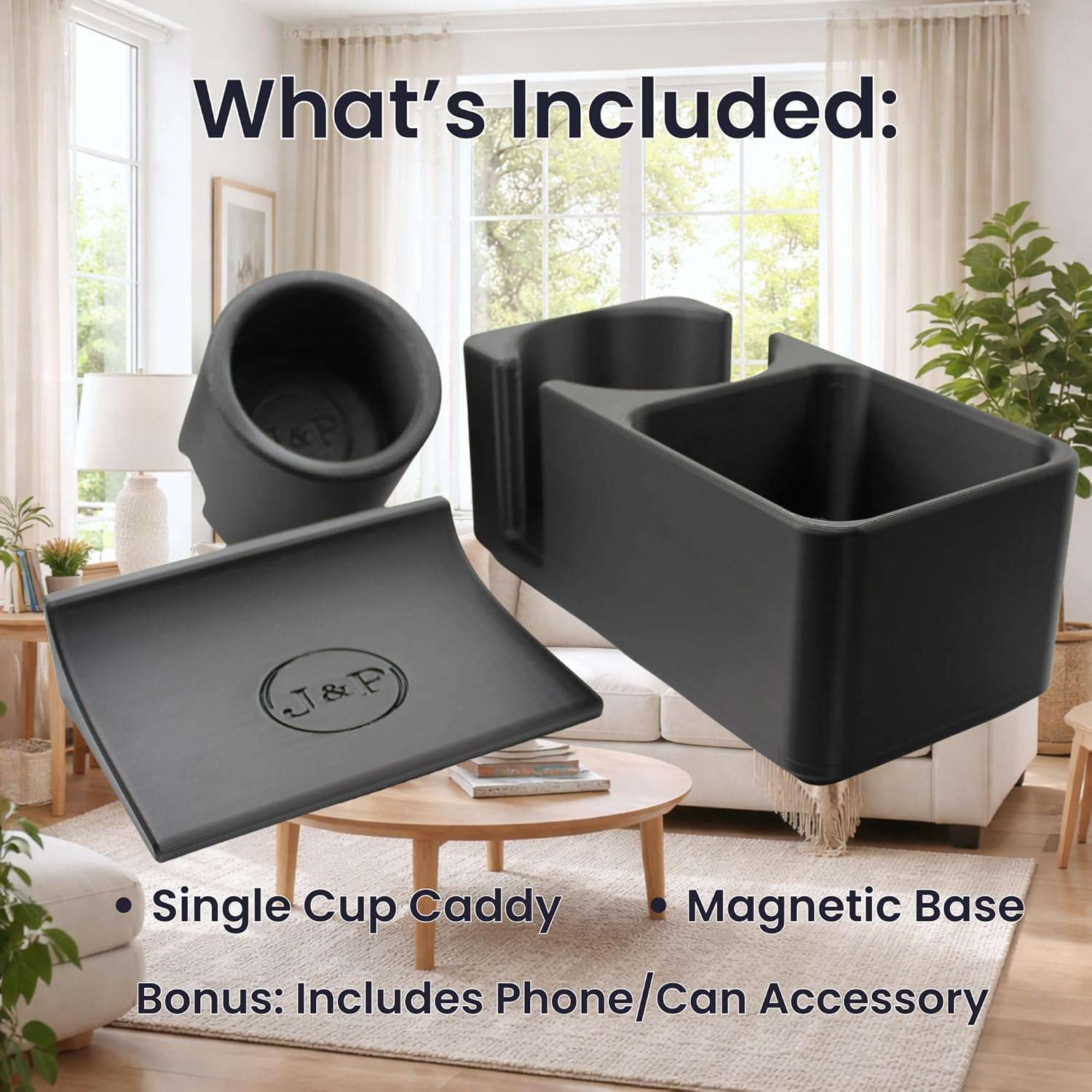 J&P Magnetic Single Couch Cup Holder & Organizer, Black, No Spill Sofa Caddy with Cushion Insert Magnetic Base, Fits Large Water Bottles & Mugs, Includes Free Swivel Phone & Can Holder - Image 2