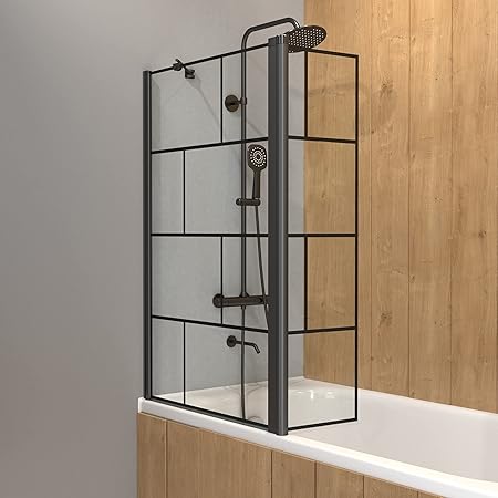 Mampara para bañera con persiana giratoria – perfil negro mate – 130 x 104 cm (alto x ancho) – Cristal de 5 mm serigrafiado