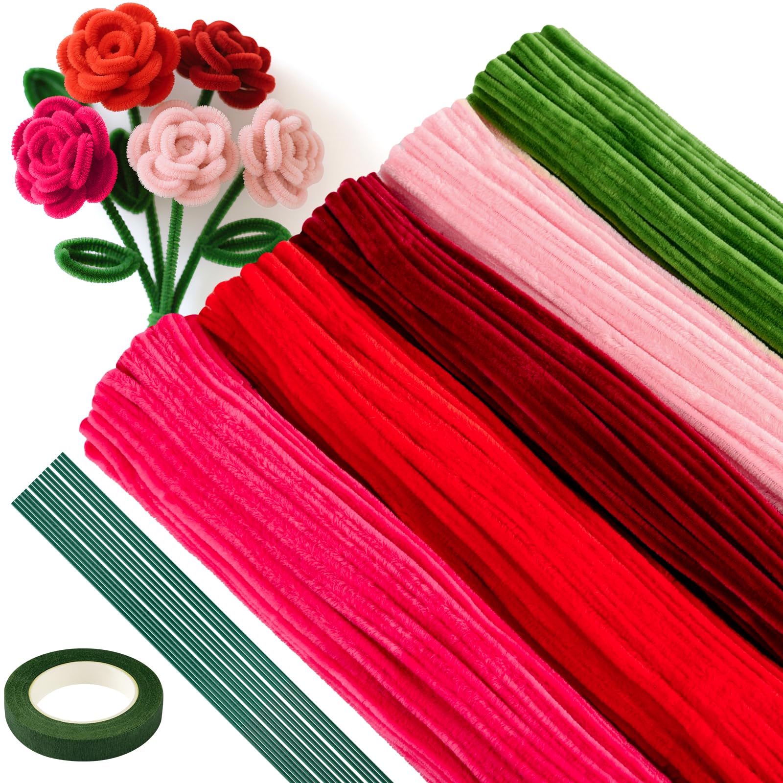 ASTARON 521 Pcs Pipe Cleaners Craft Set, 5 Colors Pipe Cleaners Bulk Pastel Chenille Stems for Craft Pipe Cleaner Flowers Making Kit with Floral Wires, Gardening Tape (Red Pink Series)