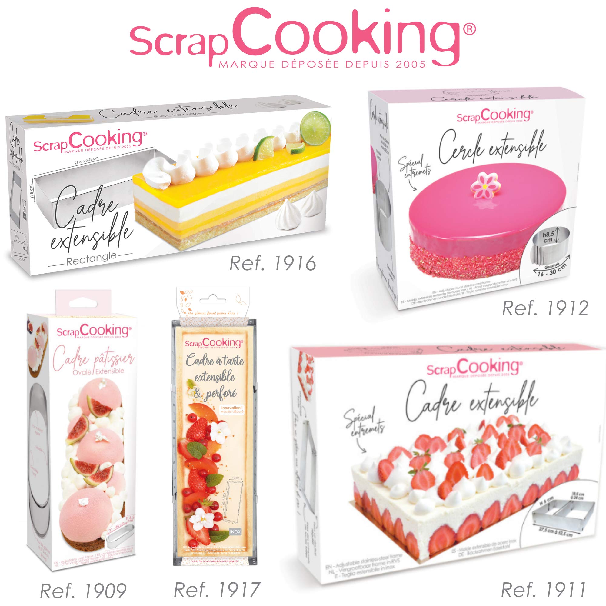 SCRAP COOKING 1916 Marco de repostería Extensible de Acero Inoxidable – Molde Rectangular de Longitud Ajustable de 25 a 48 cm – para Tartas, postres – Accesorio de pastelería, 18/10