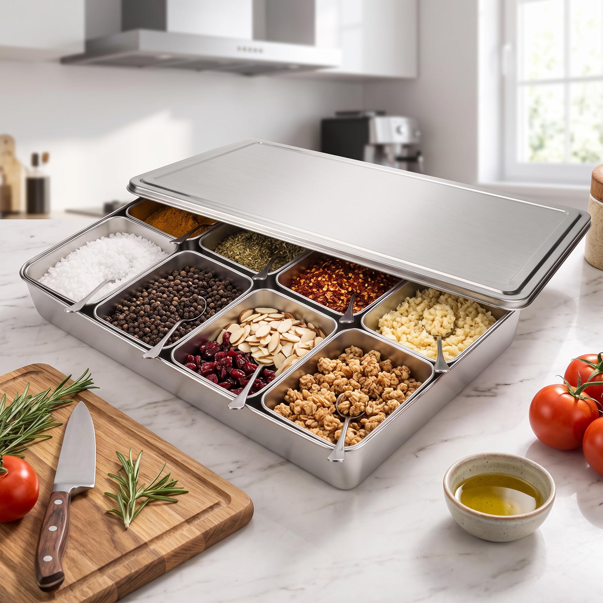 ZJchao Boîte à Épices en Alliage d’Aluminium avec 8 Compartiments – Coffret de Rangement Compact pour Assaisonnements, Condiments et Ustensiles de Cuisine