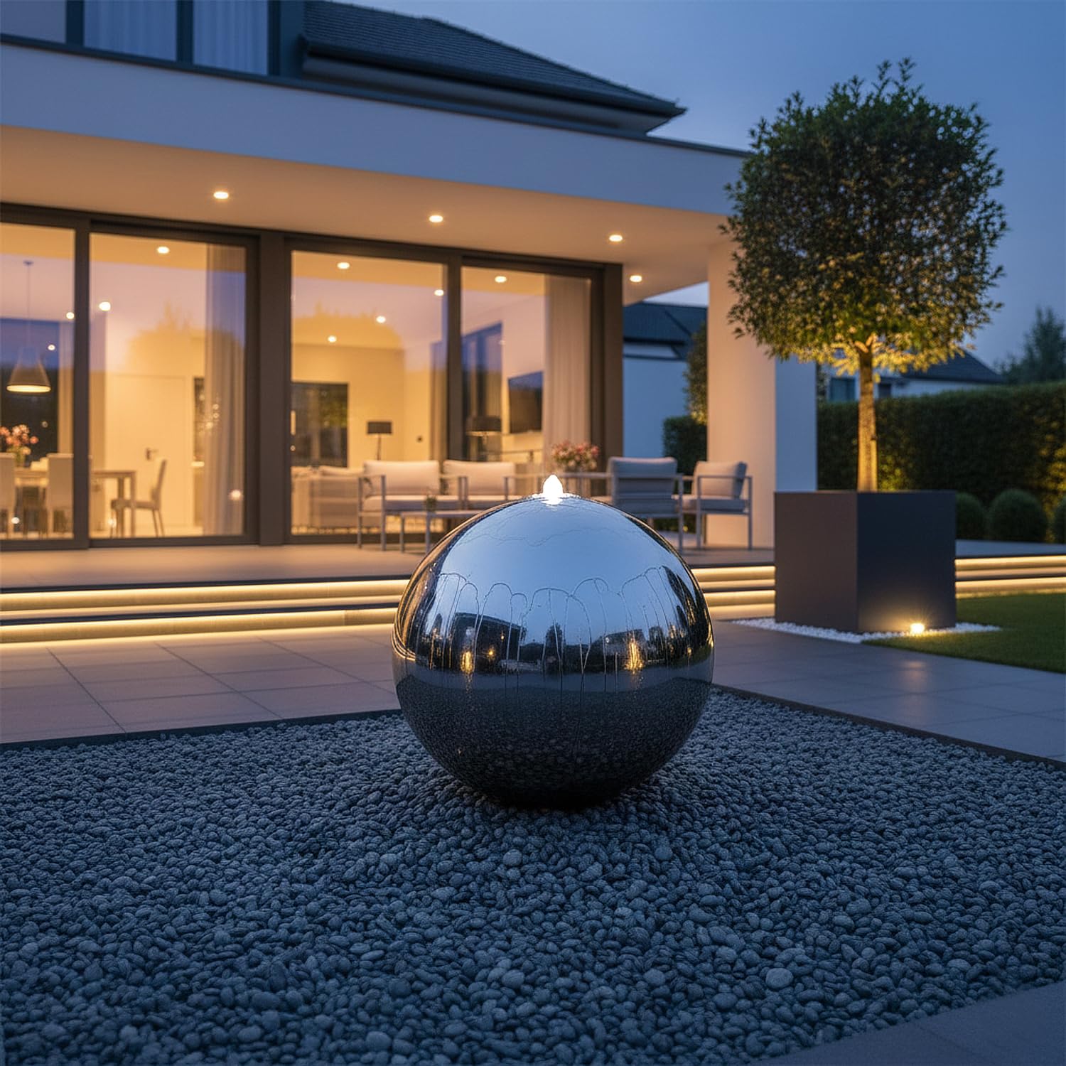 CLGarden Solar Gartenbrunnen für außen 48 cm Edelstahl Kugel poliert, Solarpumpe mit Akku & LED Beleuchtung, Springbrunnen