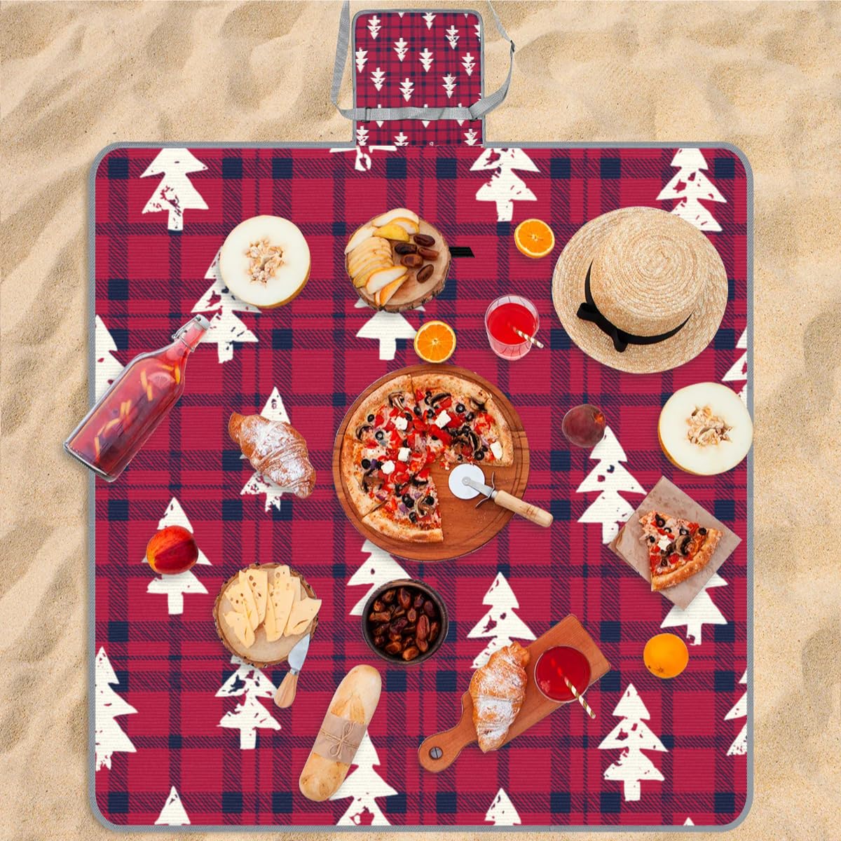 Choinka koc piknikowy w kratę wodoodporny odporny na piasek składany koc plażowy 150 cm x 145 cm bardzo duża przenośna zmywalna mata na zewnątrz na kemping park trawę wędrówki podróż