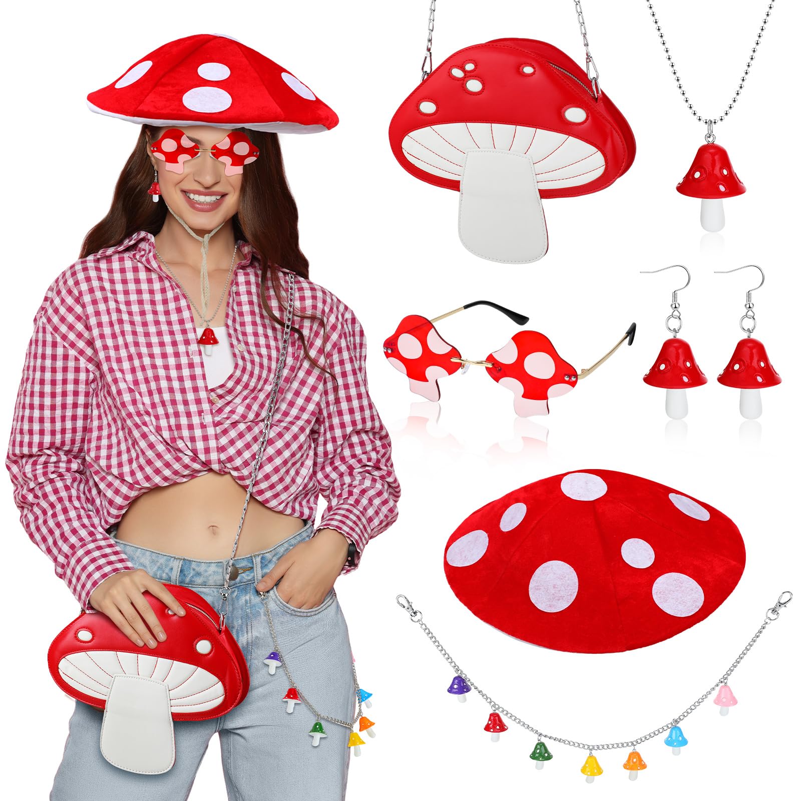 Ferreve6 Pcs Halloween Mushroom Costume Outfits for Women Mushroom Hat Earrings Necklace Glasses Vintage Waist Chain Shoulder Purses Accessories Set