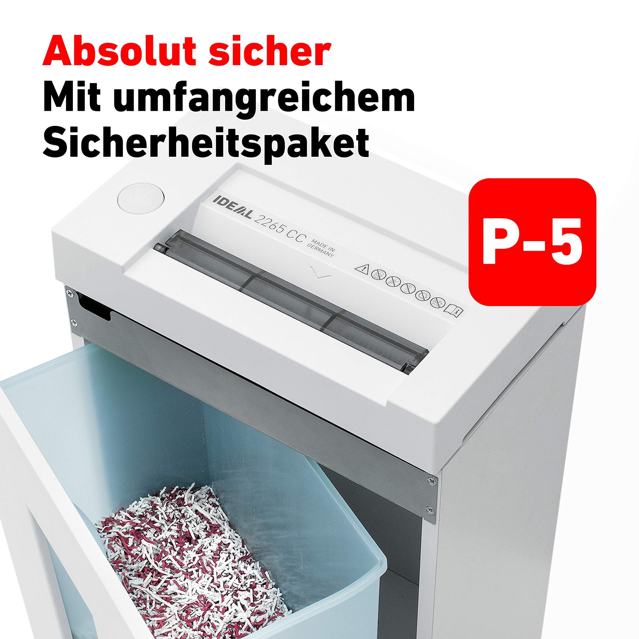 Ideal 2265 CC / 2 x 15 mm Cross shredding Blanco - Triturador de papel (Cross shredding, 22 cm, 20 L, 2 x 15, Blanco, 150 W) | Nivel de seguridad P-5, conforme a RGPD, Papelera de 20 L con ventana translúcida, Destruye clips y grapas