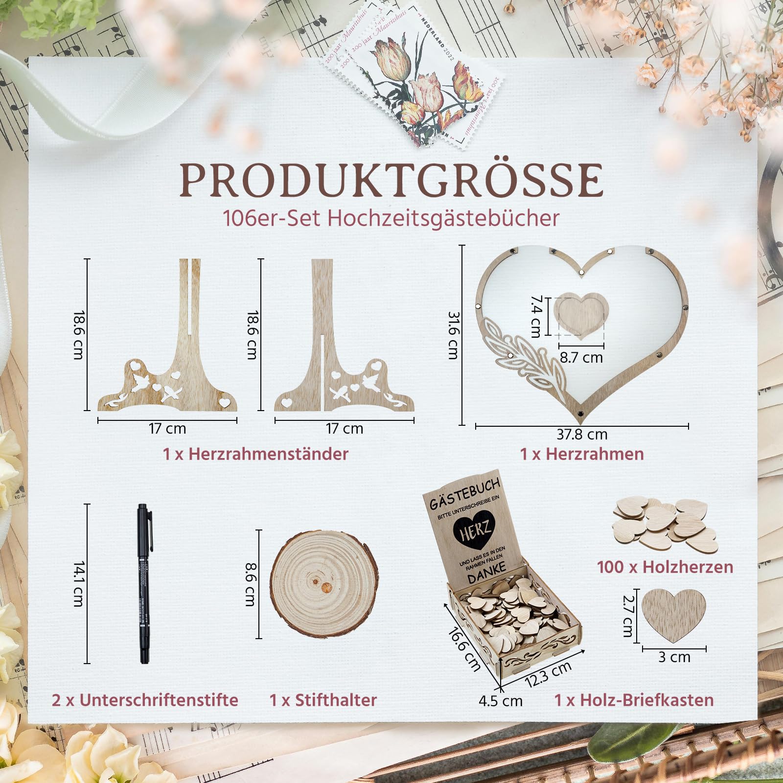 Gästebuch Hochzeit Holz,Gästebuch Hochzeit,Hochzeitsgästebuch mit 100 Holzherzen für Hochzeitsfeiern und Geburtstage, personalisierte Hochzeitsdekoration mit Gäste-Anmeldefeld und Herzrahmen für Fotos