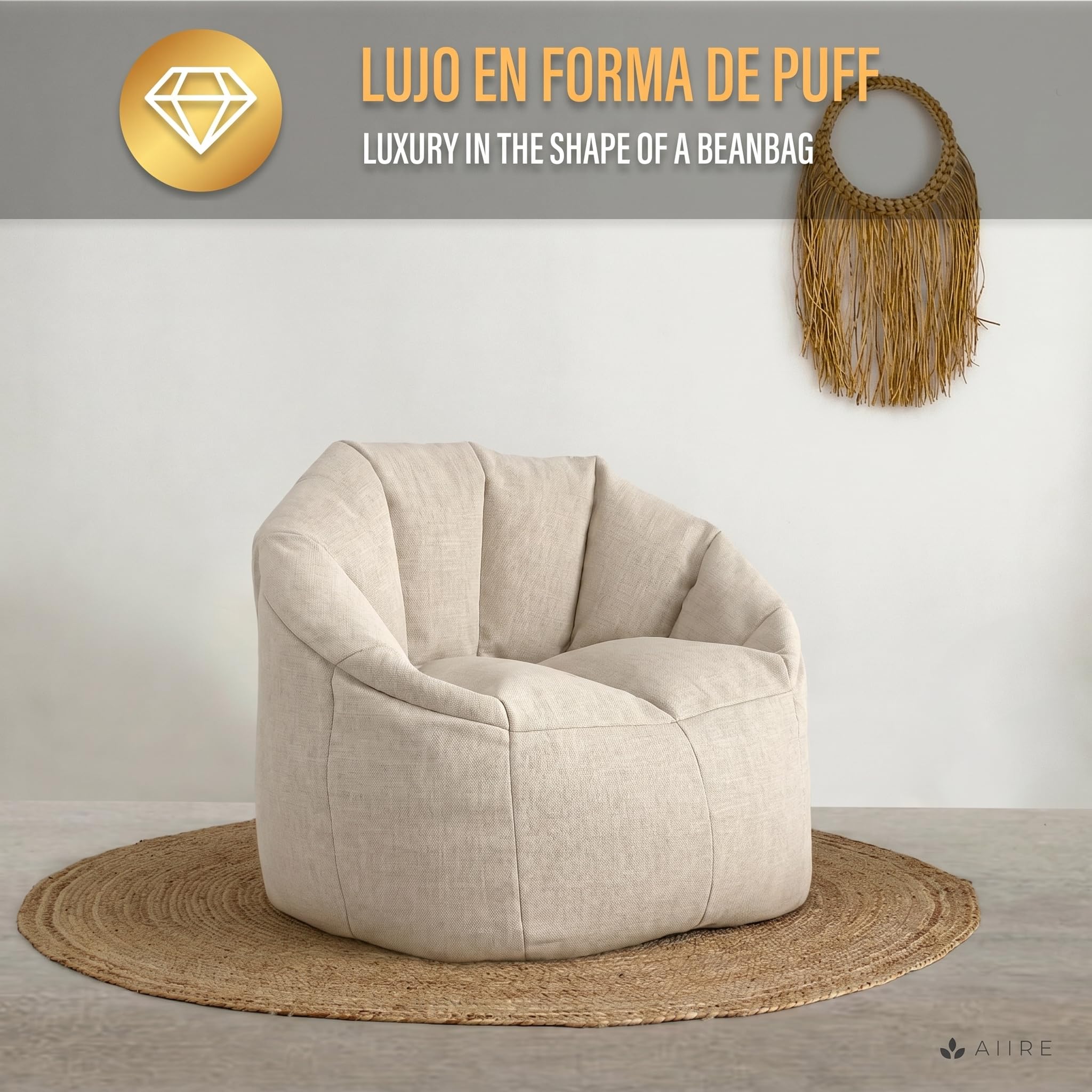 Aiire Sillon Puff Salon de Lujo - [85x85x75] Sofa Puf Moderno en Algodón Premium - Puffs con Relleno Incluido para Adultos o Decoracion Habitacion Juvenil - Bean Bag Chair Infantil XXL Beige