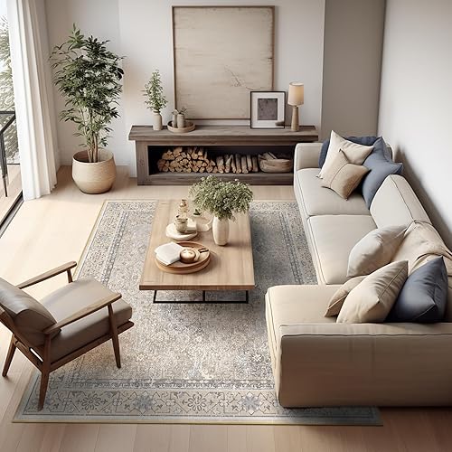 Ashler - Alfombra bohemia de 8 x 10 pies, vintage, de gran tamaño, para sala de estar, dormitorio, cocina, cena, beige/natural/café claro,